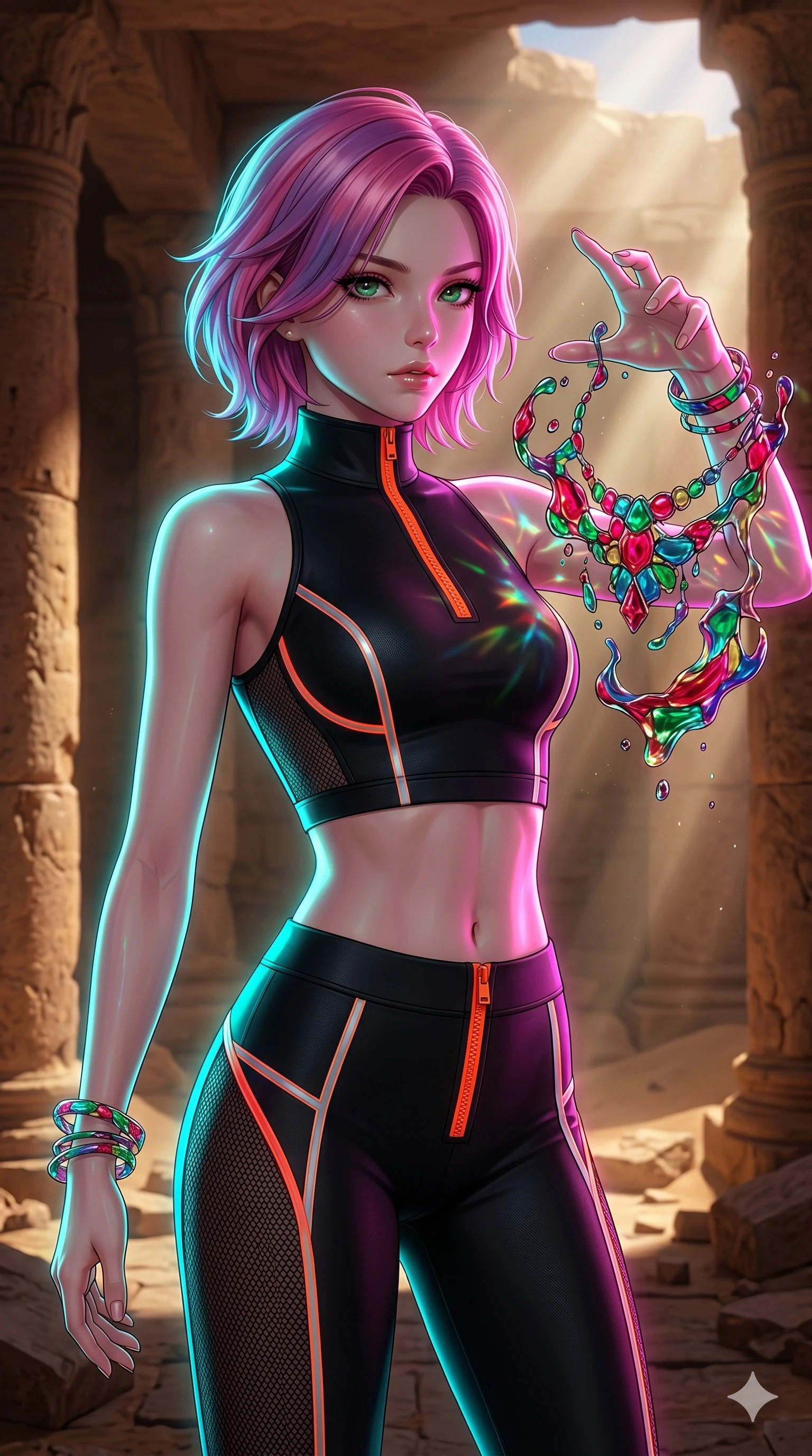 score_9, masterpiece, best quality, ultra-detailed, high-budget anime keyframe, Japanese woman. upper body close-up from the thighs up, character filling the screen for maximum presence. interacting with liquid stained-glass that melts and swirls in mid-air inside a crumbling desert ruin, the fluid jewelry floating in suspension. She has an absolutely perfect 8-heads proportion, an exceptionally tall and slender female figure with impossibly long slender legs and an ultra-slim waist. V-shaped jawline, high-bridge nose, intricate jewel-like eyes with depth, thick eyelashes, glossy lips with a natural sheen.. wearing a second-skin neoprene cyber-athleisure set, featuring a tight crop top and leggings with fluorescent orange zipper accents and side slash panels. bathed in brilliant cinematic volumetric lighting and intense neon rim light highlighting her slender form. 2k, ultra detail, master piece, 9:16 ratio