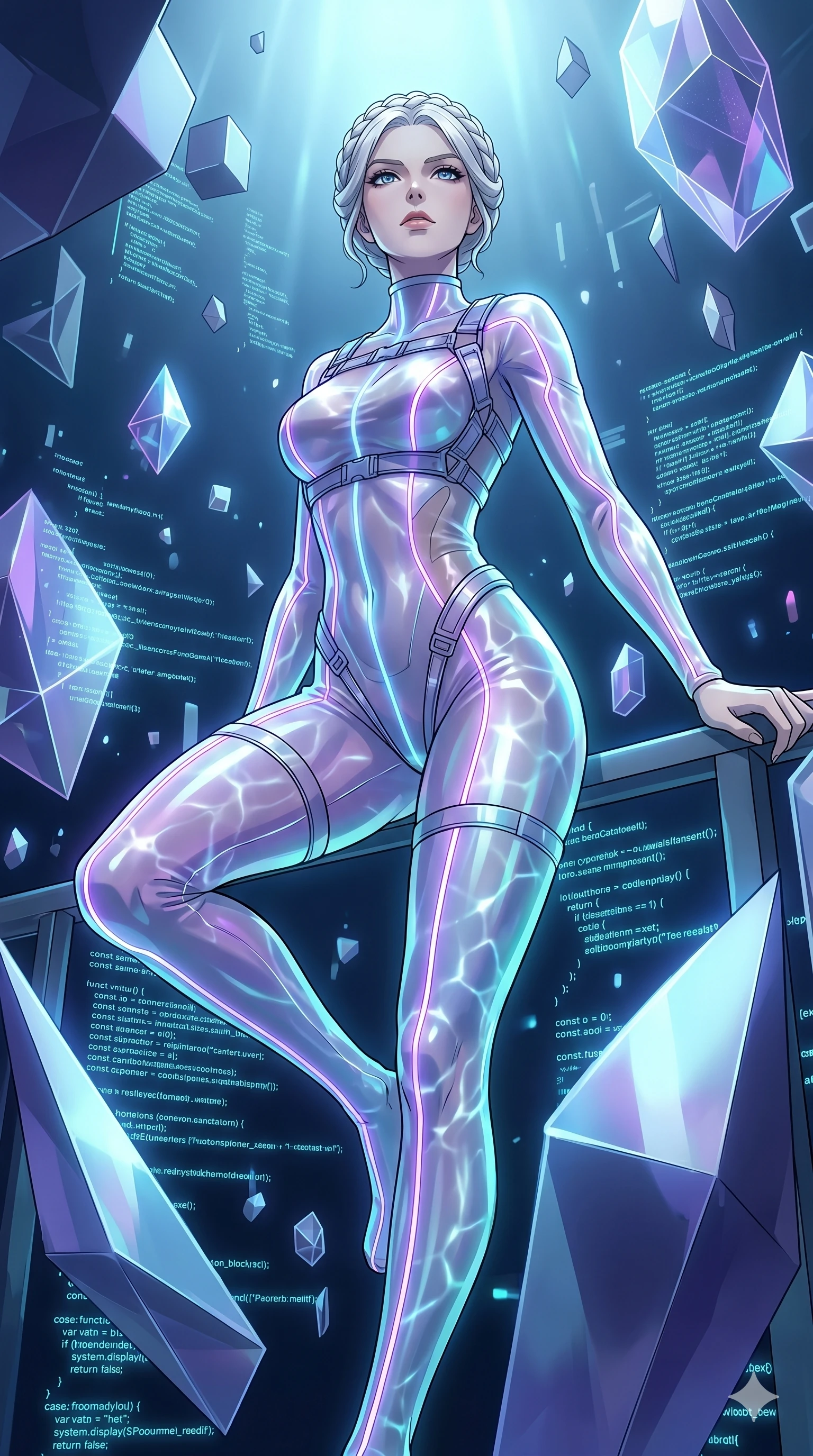 score_9, masterpiece, best quality, ultra-detailed, High-budget Anime Keyframe, vibrant colors, fluid line-art, expressive lighting, cinematic composition, Ufotable-style visual effects, top-tier animation quality, Korean woman with idol-like refined features. Low angle cowboy shot filling the entire 9:16 frame with her statuesque presence, looking up to emphasize her height. Navigating a surreal sea of floating geometric shapes and crystalline structures within a digital void, the environment reacting to her presence. She has an well-proportioned figure, an tall and elegant figure with elegant legs and an graceful posture, her statuesque height and towering silhouette dominating the vertical 9:16 frame. Her face is a masterpiece featuring a sharp v-shaped jawline, high-bridge nose, intricate jewel-like eyes with depth, thick eyelashes, and glossy lips with a natural sheen. She is wearing a Iridescent sheer catsuit with glowing lines that pulse in sync with her heartbeat crafted from Iridescent vinyl with a futuristic sheen that shifts between violet and cyan, with an fitted waist and a complex harness system that draws the eye. The scene is set in an abstract digital void with floating golden geometric shapes and rivers of flowing code, illuminated by underwater caustic lighting with ripples of light dancing across her body. 2k, ultra detail, master piece, 9:16 ratio