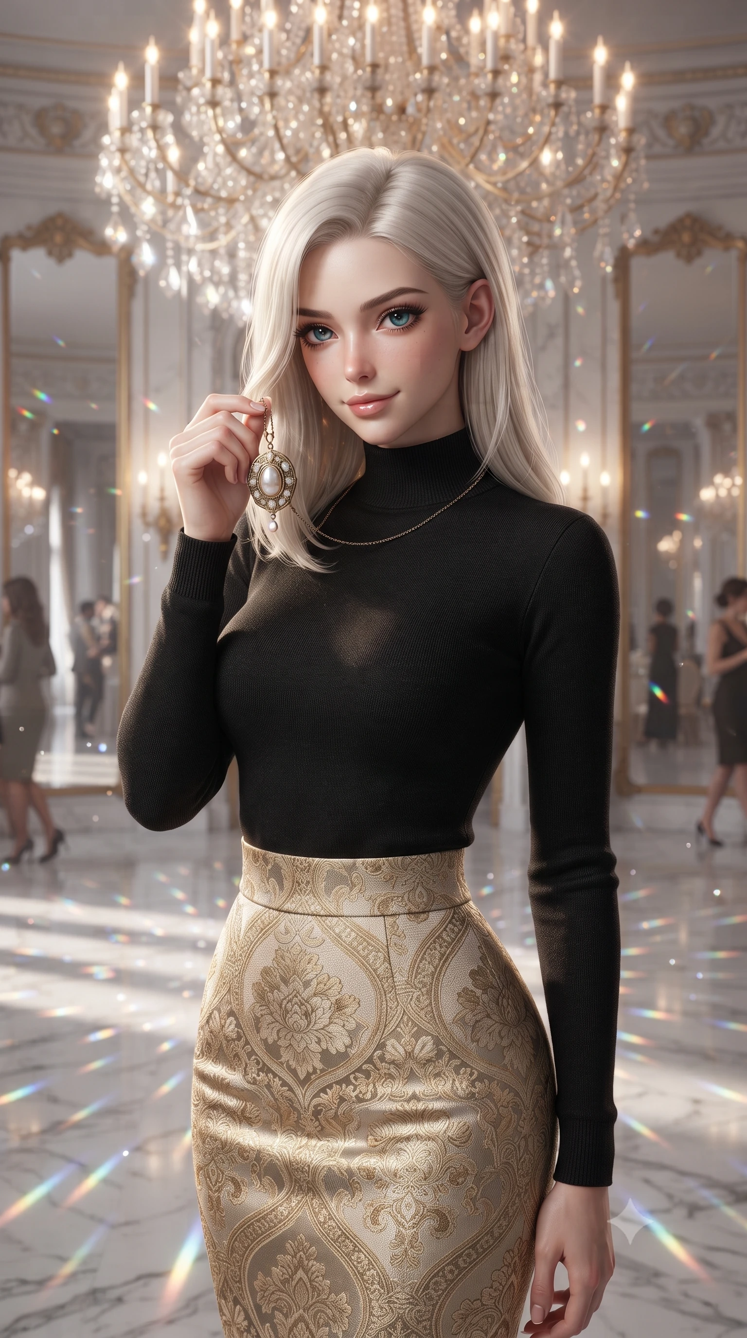 score_9, masterpiece, best quality, ultra-detailed, high-budget anime keyframe, editorial fashion photography, tasteful artistic composition, Caucasian woman, strictly human ears. close-up cowboy shot from the waist and thighs up, the character dominates the composition, filling the frame with her large presence, background elements kept in soft focus. Holding a delicate object up near her face while gazing at the viewer with a knowing smile. set against a soft-focus background of a palatial ballroom with a centerpiece chandelier of ten thousand hand-cut crystals white marble floors reflecting everything and tall gilded mirrors multiplying the space into apparent infinity. She has an exceptionally elegant and slender, willowy female figure with an ultra-slim waist, a gracefully sculpted slender torso, and a refined slim physique. sharp v-shaped jawline, high-bridge nose, intricate jewel-like eyes with depth, thick eyelashes, glossy lips with a natural sheen. wearing a long-sleeve mock-turtleneck top in black, tucked into a high-waisted gold-and-beige jacquard pencil skirt. thousands of crystal chandelier facets scattering warm candlelight into countless rainbow sparkles across the white marble creating a magical prismatic dancing atmosphere. 2k, ultra detail, master piece, 9:16 ratio