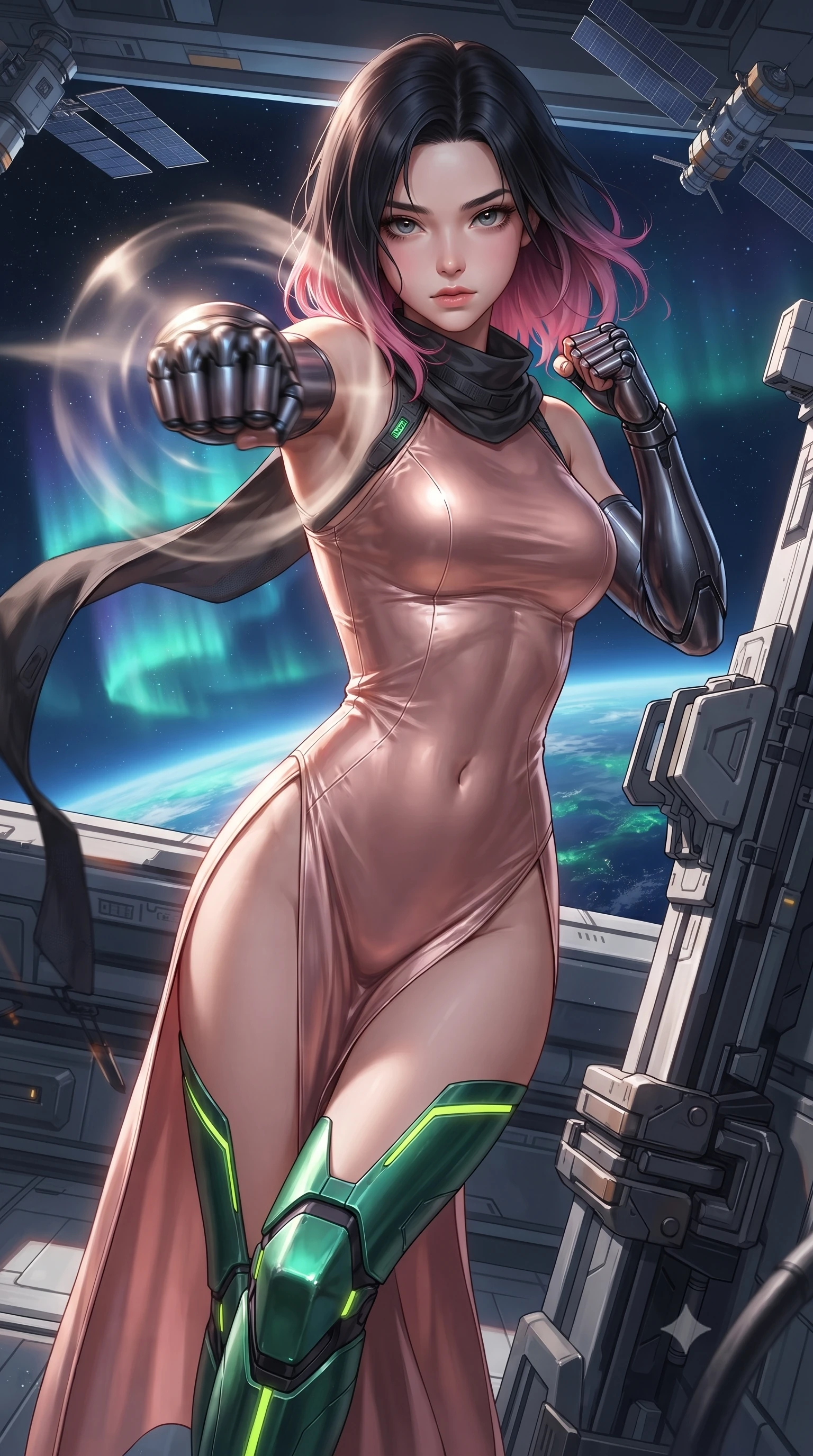 score_9, masterpiece, best quality, ultra-detailed, high-budget anime keyframe, editorial fashion photography, tasteful artistic composition, Korean woman. close-up cowboy shot from the waist and thighs up, the character dominates the composition, filling the frame with her large presence. thrusting a high-speed kinetic punch toward the camera, a visible conical shockwave distortion wrapping around her sleek carbon forearm while leaning against a magnetic elevator rail with sovereign composure as cosmic winds flutter her lightweight tactical sash. The surrounding environment is rendered in vivid detail and crisp panoramic clarity. detailed magnetic clamp joints, Earth's auroral glow, and satellite antenna arrays in high resolution. She has an exceptionally elegant, slender, and willowy female figure with an ultra-slim waist, a gracefully sculpted slender torso, toned flat midriff, and a refined slim silhouette. sharp v-shaped jawline, high-bridge nose, intricate jewel-like eyes with depth, thick eyelashes, glossy lips with a natural sheen, flawlessly proportioned anatomical accuracy, strict slender model proportions, natural body alignment, perfectly sculpted long slender limbs, ultra-slim waistline, clean dynamic posture without body distortion. wearing a form-fitting luminous rose-gold carbon combat gown with tactical high leg slits and flexible kinetic knee articulation in emerald green carbon composite with glowing lime laser channels, made of liquid carbon-jersey fabric adhering flawlessly to her sculpted silhouette, finished with high-mobility flexible limb seams and miniature magnetic armor locks, the liquid-tight tailored fabric emphasizing every curve of her tall, slender model proportions and sculptured silhouette during dynamic movement. bathed in dazzling high-noon orbital sunlight and rich blue Earth ambient bounce light. ultra-reflective glossy finish, specular highlights, dark metallic sheen, high-contrast stereoscopic depth, volumetric dynamic lighting, 2k, ultra detail, master piece, 9:16 ratio