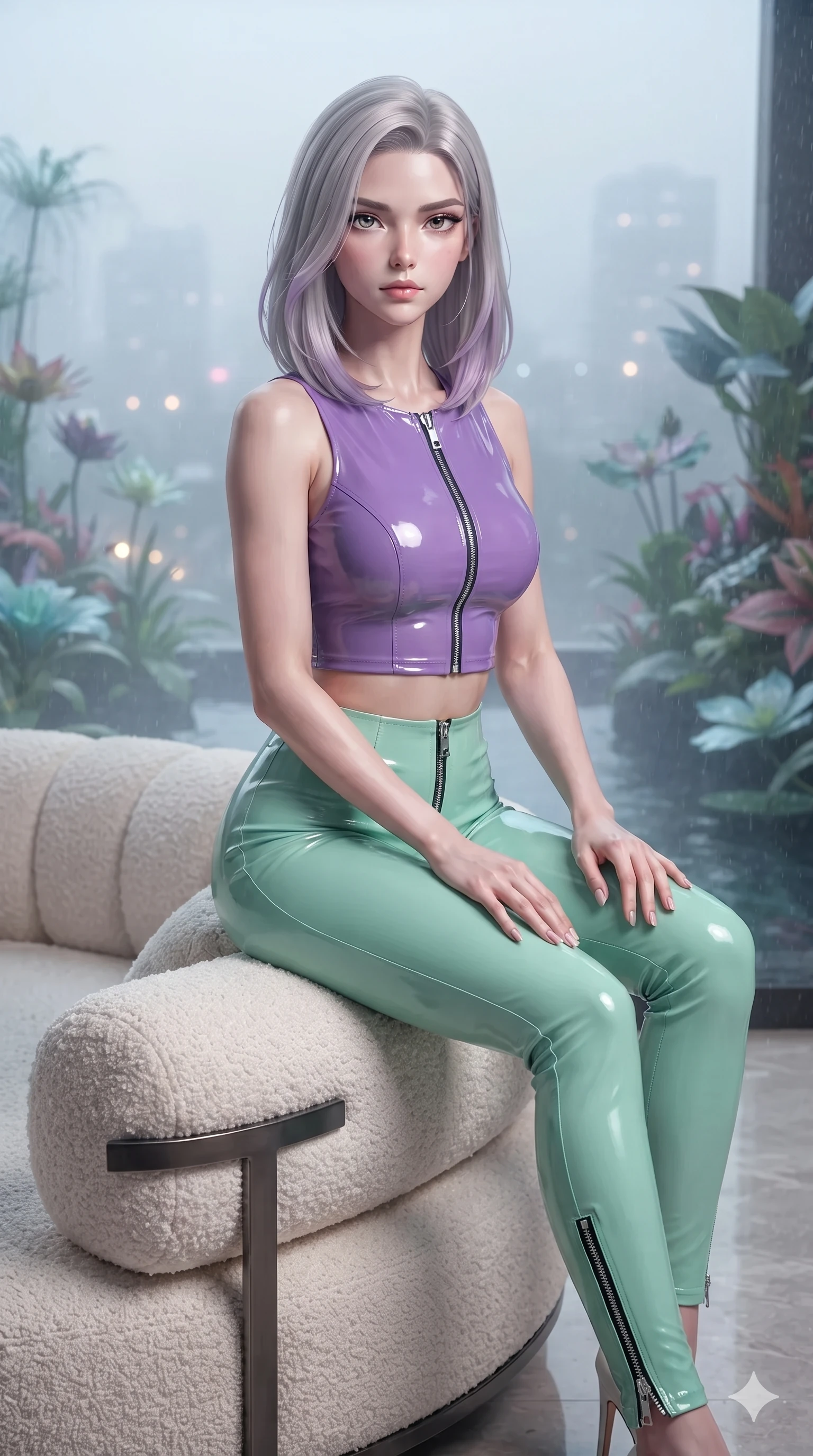 score_9, masterpiece, best quality, ultra-detailed, high-budget anime keyframe, editorial fashion photography, tasteful artistic composition, Caucasian woman. close-up cowboy shot from the waist and thighs up, the character dominates the composition, filling the frame with her large presence. perched sideways on the lounge seat, one knee drawn up to showcase her slender leg line while her arched back accentuates her feminine hip curve while twisting her slender torso in an alluring S-curve, glowing lotus petals and starlight painting sensual light ribbons across her flat midriff and hips. The background shows a soft-focus faint water garden mist softened in ultra-luxury penthouse terrace shallow focus. She has an exceptionally elegant, slender, and willowy female figure with an ultra-slim waist, flat toned midriff, narrow ribcage, and sculpted feminine hips creating an alluring, slim hourglass silhouette without bulk. sharp v-shaped jawline, high-bridge nose, intricate jewel-like sparkling eyes with depth, thick eyelashes, glossy parted lips with a natural peach sheen, bright cheerful beaming smile with an enchanting and coquettish sensual glint, exuding both youthful cute charm and seductive allure, flawlessly proportioned anatomical accuracy, strict slender model proportions, natural body alignment, perfectly sculpted long slender limbs, ultra-slim waistline, clean dynamic posture without body distortion. wearing a glossy vinyl crop top and high-waist tailored leggings with sleek chrome zippers and exposed midriff in phosphorescent ultraviolet amethyst and mint green, adorned with delicate chrome ring hardware and cutouts along her slender waist, finished with a minimalist chrome choker and a single teardrop diamond pendant, the high-slit wrap tailoring accentuating her ultra-slim waistline and the enchanting curve of her feminine hips with alluring seductive charm. illuminated by water reflection bounce and sharp lotus-pink rim lights defining her jawline, narrow waist, and curvy hips. ultra-reflective glossy finish, specular highlights, rich textural contrasts, high-contrast stereoscopic depth, volumetric dynamic lighting, 2k, ultra detail, master piece, 9:16 ratio