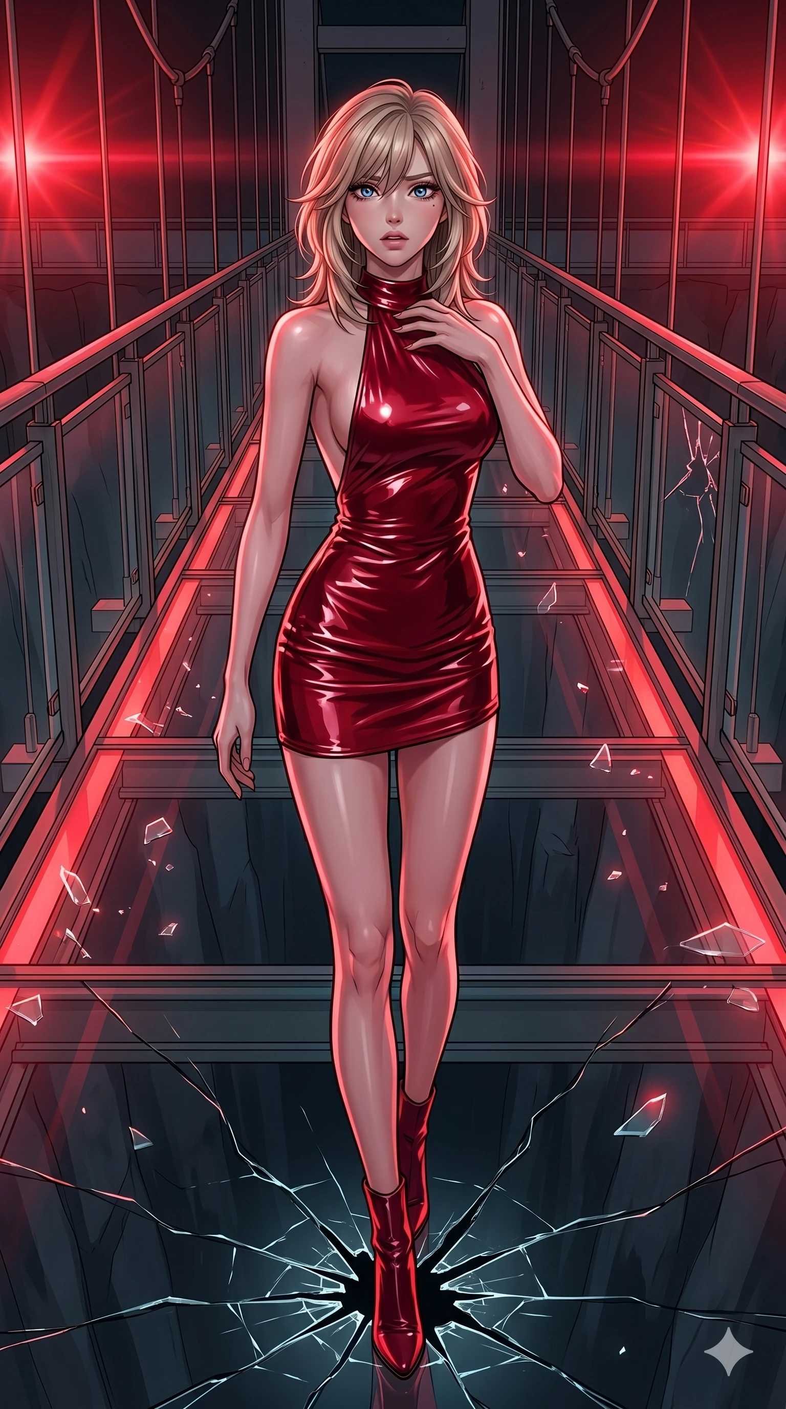 score_9, masterpiece, best quality, ultra-detailed, high-budget anime keyframe, editorial fashion photography, tasteful artistic composition, Japanese woman. cowboy shot from the thighs up, character and outfit filling the frame for maximum editorial presence. flinching back slightly, her hand raised to her collarbone in a gesture of sudden alarm on a glass suspension bridge as a sudden crack spreads beneath her feet (Scenario Code U-2). She has an absolutely perfect 8-heads proportion, an exceptionally tall and slender female figure with impossibly long slender legs and an ultra-slim waist. V-shaped jawline, high-bridge nose, intricate jewel-like eyes with depth, thick eyelashes, glossy lips with a natural sheen. wearing a wet-look crimson vinyl mini-dress with a bold halter neck and dramatic open-back. bathed in rapidly flashing red warning strobe lights, creating high-contrast shadows. 2k, ultra detail, master piece, 9:16 ratio