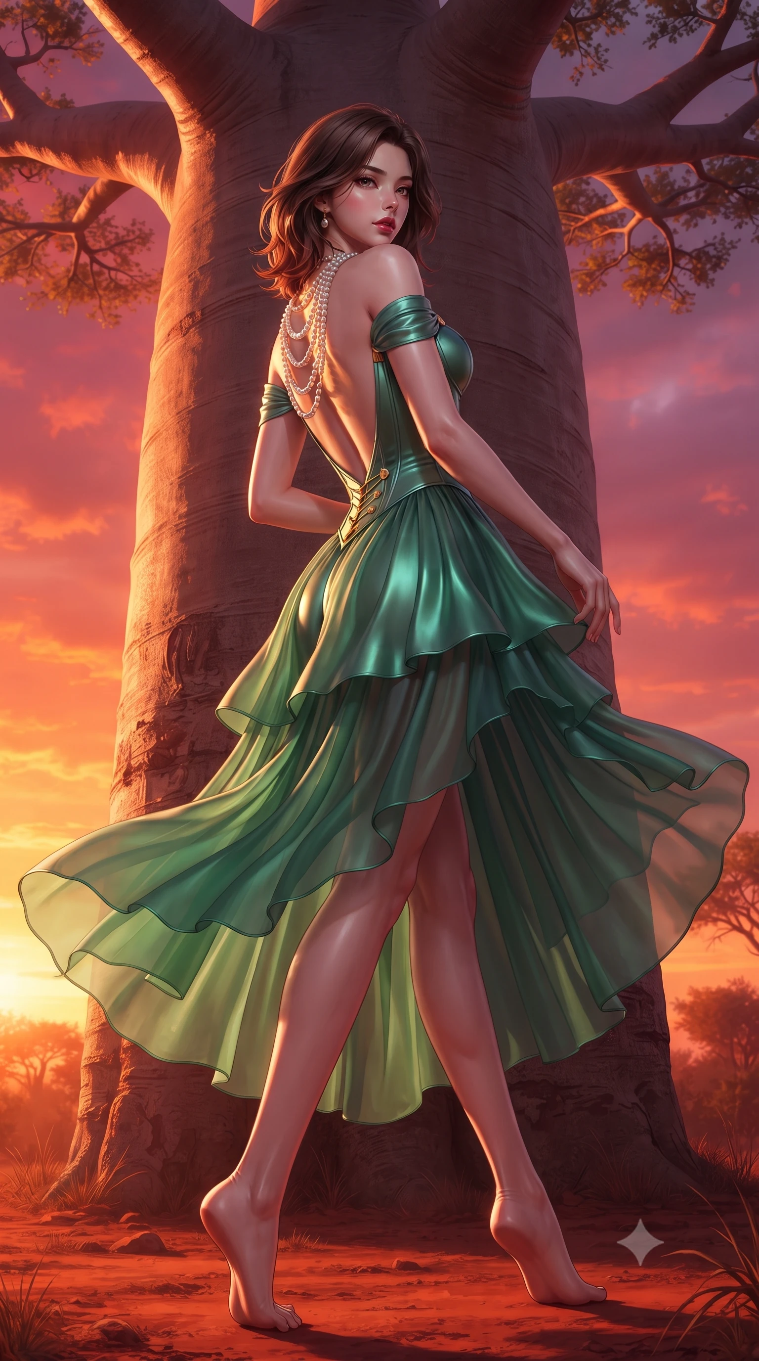 score_9, masterpiece, best quality, ultra-detailed, high-budget anime keyframe, editorial fashion photography, tasteful artistic composition, Korean woman. low angle full-body shot from head to toe showing her feet, filling the entire 9:16 vertical frame with her statuesque presence, stretching her vertical silhouette. executing an elegant mid-motion pivot turn as garments swirl around her slender limbs, glancing over her shoulder with an intoxicating bedroom-gaze while leaning back against the smooth, massive baobab trunk with hips cocked back, glancing over her shoulder with an alluring, sovereign gaze. The surrounding environment is rendered in vivid detail and crisp panoramic clarity. sharp baobab bark fissures, red-earth road dust textures, and baobab crown branches in deep focus. She has an exceptionally tall and slender model-like 8.5-heads proportion, an ultra-slim waist, a flat toned midriff, narrow delicate ribcage, and beautifully sculpted feminine hips creating a graceful, slim hourglass silhouette without any bulky heaviness, with impossibly long slender legs. sharp v-shaped jawline, high-bridge nose, intricate jewel-like eyes with depth, thick eyelashes, glossy parted lips with a natural sheen, intensely captivating and seductive bedroom-eyes expression, flawlessly proportioned anatomical accuracy, strict slender model proportions, natural body alignment, perfectly sculpted long slender limbs, ultra-slim waistline, clean dynamic posture without body distortion. wearing an off-shoulder French court corset bodice dress paired with a tiered translucent chiffon slit skirt in deep emerald green satin and gold hardware, tailored from ultra-smooth duchess satin with a pearlescent sheen, accented with a multi-strand pearl back necklace cascading down her bare spine to her hips, the dramatically scooped open back descending to the base of her spine, accentuating her razor-sharp statuesque lines and slim hourglass silhouette. bathed in breathtaking African sunset backlighting in rich shades of fire-orange and deep magenta. ultra-reflective glossy finish, specular highlights, rich textural contrasts, high-contrast stereoscopic depth, volumetric dynamic lighting, 2k, ultra detail, master piece, 9:16 ratio