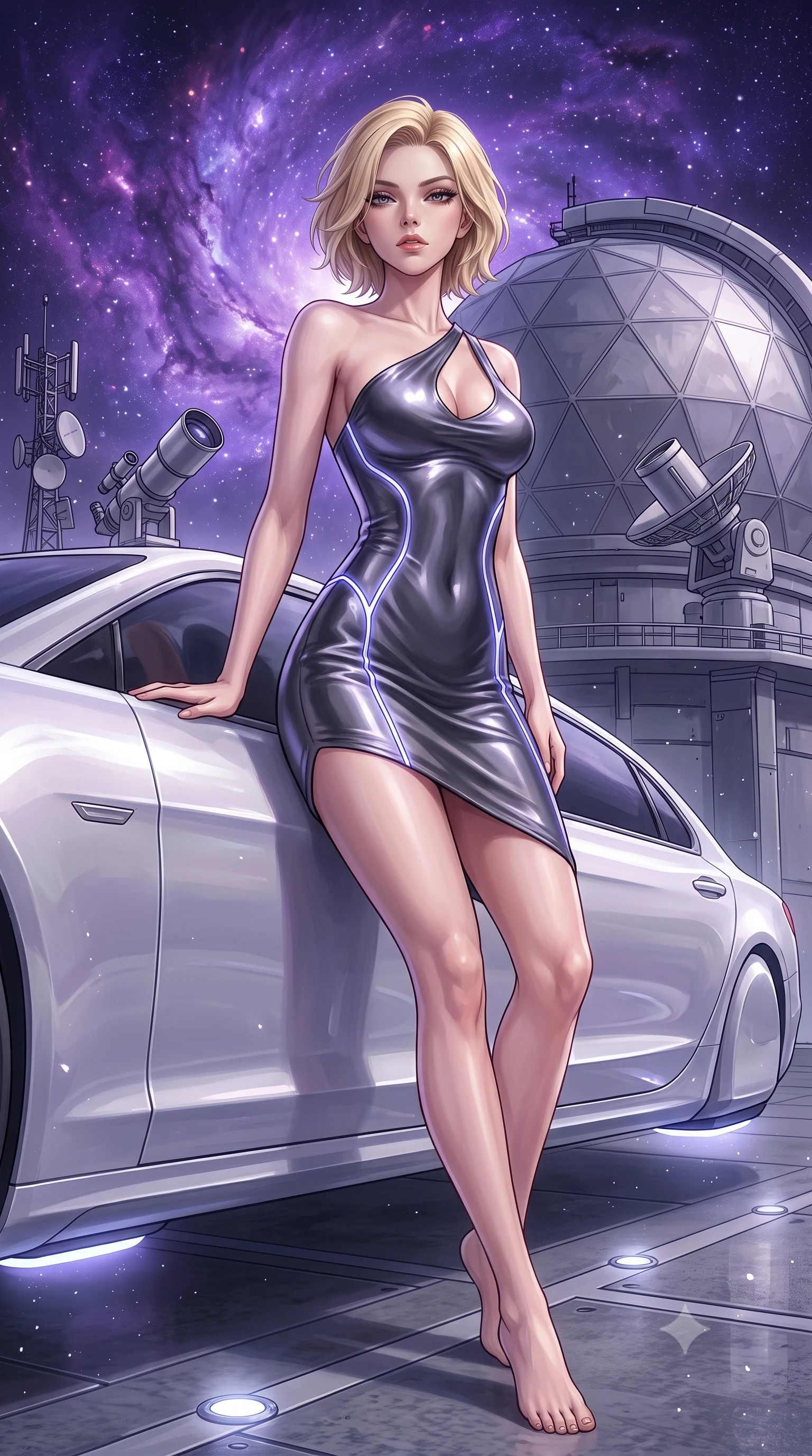 score_9, masterpiece, best quality, ultra-detailed, High-budget Anime Keyframe, Caucasian woman, strictly human ears. Low angle cowboy shot filling the entire 9:16 frame with her statuesque presence. Scenario 293: leaning against a sleek white hover-limousine by a high-altitude observatory dome under a swirling violet nebula. Her presence is magnetic and overpowering in this high-budget anime scene. Outfit 293: a form-contouring molten liquid silk second with a low-cut shoulder and glowing LED seams. The clothing is designed to emphasize her exceptionally tall and slender 8-heads proportion. 8-heads proportion, towering silhouette, ultra-slim waist. sharp v-shaped jawline, intricate jewel-like eyes with depth, thick eyelashes, glossy lips. 2k, ultra detail, master piece, 9:16 ratio