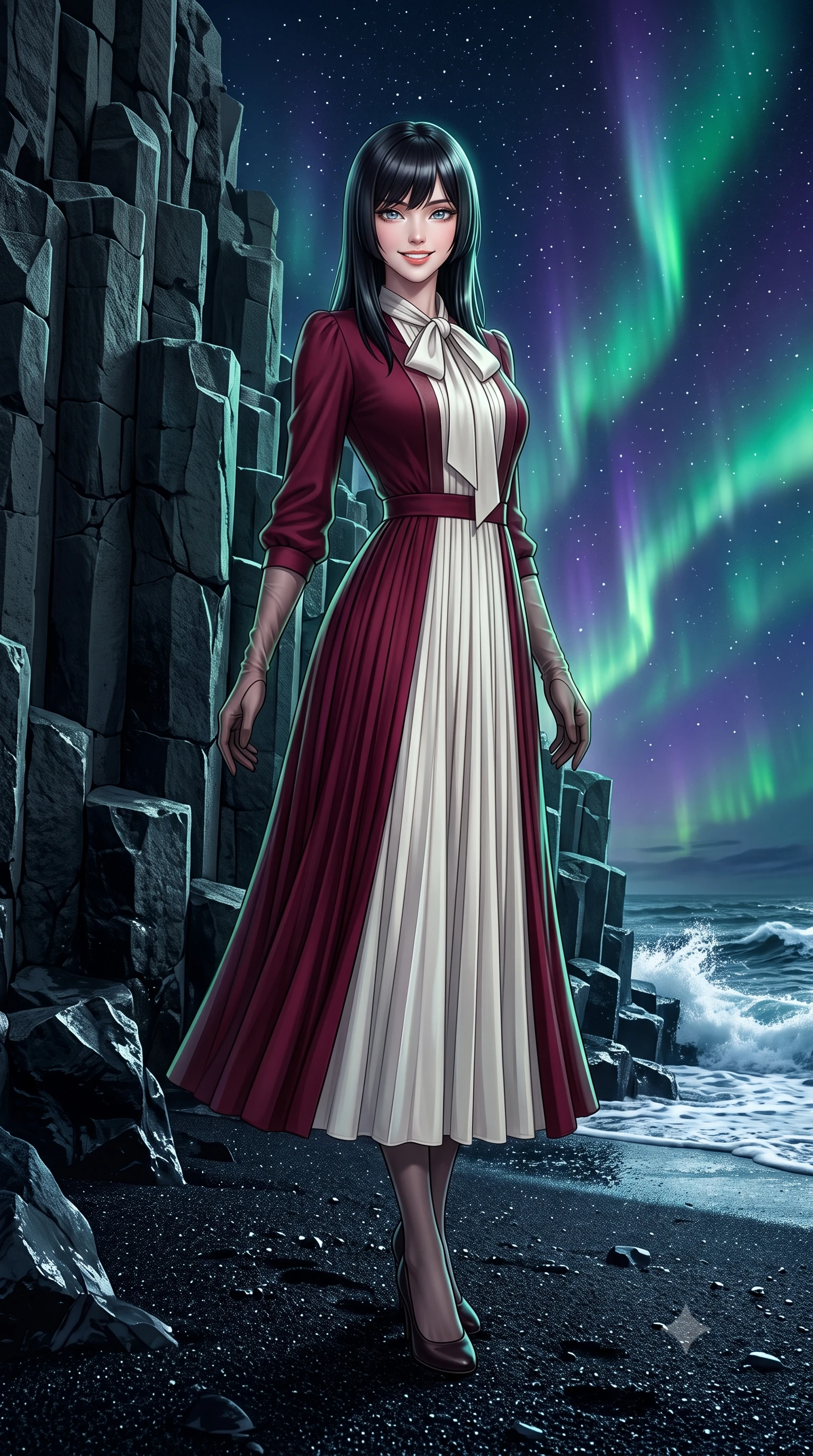 score_9, masterpiece, best quality, ultra-detailed, high-budget anime keyframe, editorial fashion photography, tasteful artistic composition, Caucasian woman. low angle full-body shot from head to toe showing her feet, filling the entire 9:16 vertical frame with her statuesque presence, stretching her vertical silhouette. reclining gracefully across the plush chaise lounge with one leg extended, her sculpted silhouette and flat midriff radiating magnetic nocturnal glamour while standing poised on the jet-black volcanic sand beside towering hexagonal basalt columns, arching her lower back as emerald and violet aurora ribbons ripple across the Arctic sky. The surrounding environment is rendered in vivid detail and crisp panoramic clarity: sharp hexagonal basalt prism edges, fine jet-black volcanic basalt sand granules, and foaming white wave foam crests in deep focus. She has an exceptionally tall and slender model-like 8.5-heads proportion, an ultra-slim waist, a flat toned midriff, narrow delicate ribcage, and beautifully sculpted feminine hips creating a graceful, slim hourglass silhouette without any bulky heaviness, with impossibly long slender legs. sharp v-shaped jawline, high-bridge nose, intricate jewel-like sparkling eyes with depth, thick eyelashes, glossy parted lips with a natural peach sheen, bright cheerful beaming smile with an enchanting and coquettish sensual glint, exuding both youthful cute charm and seductive allure, flawlessly proportioned anatomical accuracy, strict slender model proportions, natural body alignment, perfectly sculpted long slender limbs, ultra-slim waistline, clean dynamic posture without body distortion. wearing an elegant long-sleeve silk georgette tea dress with pleated A-line skirt and neck pussy-bow in Belvedere ivory pearl and Habsburg bordeaux wine, crafted from bespoke double-faced cashmere with an exceptionally soft tactile finish, complemented by sheer opera-length evening gloves tracing her slender arms, the bespoke structured tailoring following the natural line of her 8.5-heads silhouette with refined elegance. illuminated by wet black sand reflection sheen and sharp emerald-platinum rim lights defining her dewy collarbones, ultra-slim waist, and curvy hips. ultra-reflective glossy finish, specular highlights, rich textural contrasts, high-contrast stereoscopic depth, volumetric dynamic lighting, 2k, ultra detail, master piece, 9:16 ratio