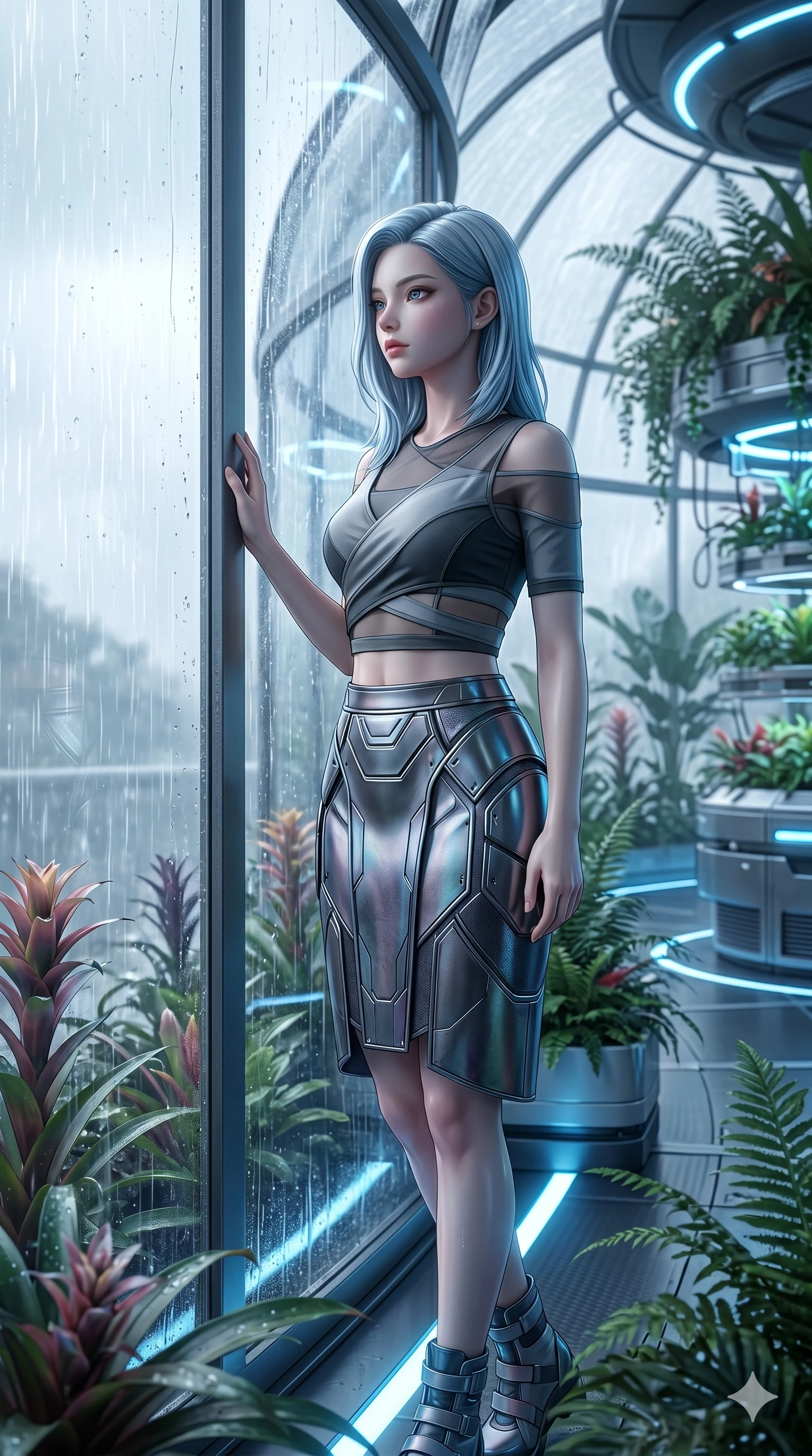 score_9, masterpiece, best quality, ultra-detailed, high-budget anime keyframe, semi-realistic 3D game render, Korean woman. Upper body close-up from the thighs up, character filling the screen for maximum presence. Inside a biotech dome next to a glass greenhouse window, watching the rain fall outside the dome with a serene, dreamy expression. She is wearing a cropped wrap top with sheer panels, paired with a metallic skirt. The scene is lit by the cool white light of the rain and blue indoor accent lights. 2k, ultra detail, master piece, 9:16 ratio