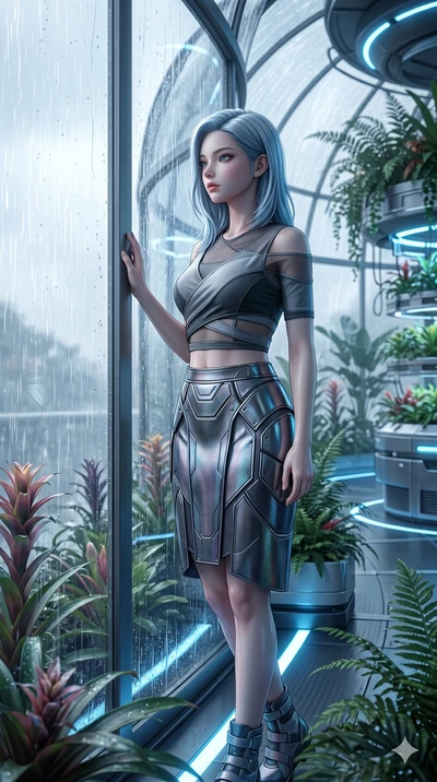 score_9, masterpiece, best quality, ultra-detailed, high-budget anime keyframe, semi-realistic 3D game render, Korean woman. Upper body close-up from the thighs up, character filling the screen for maximum presence. Inside a biotech dome next to a gl