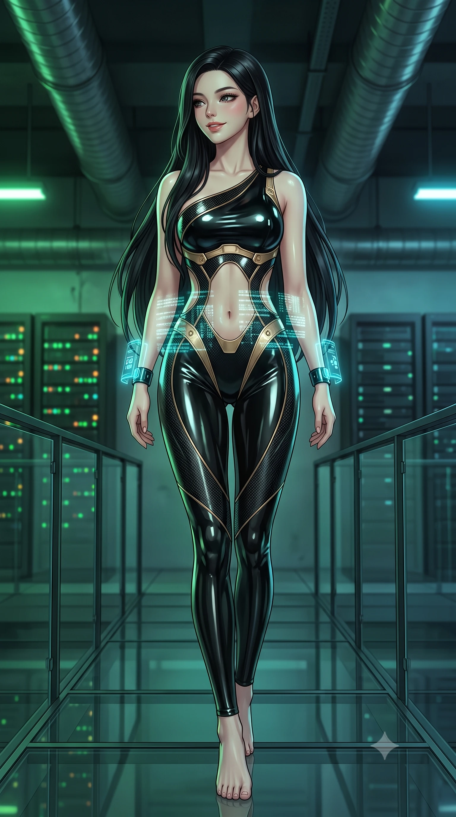score_9, masterpiece, best quality, ultra-detailed, high-budget anime keyframe, semi-realistic 3D game render, editorial fashion photography, tasteful artistic composition, Korean woman. low angle full-body shot from head to toe showing her feet, filling the entire 9:16 vertical frame with her statuesque presence, stretching her vertical silhouette. walking slowly along the transparent glass skybridge, looking back over her shoulder with an air of effortless grace and an alluring, smoldering smile while twisting her slender torso in an alluring S-curve amidst server banks, glowing data telemetry projecting intricate matrix patterns across her narrow waist. The background shows a soft-focus flickering server rack LED indicators and industrial ventilation ducts softened in tactical cyberpunk shallow focus. She has an absolutely perfect, statuesque 8.5-heads proportion, an exceptionally tall and slender model-like female figure with impossibly long slender legs, an ultra-slim waist, a flat toned midriff, narrow delicate ribcage, and beautifully sculpted feminine hips creating a graceful, slim hourglass silhouette without any bulky heaviness. sharp v-shaped jawline, high-bridge nose, intricate jewel-like sparkling eyes with depth, thick eyelashes, glossy parted lips with a natural sheen, bright confident smile with an enchanting and coquettish sensual glint, exuding both youthful magnetic charm and sovereign high-tech allure, flawlessly proportioned anatomical accuracy, strict slender model proportions, natural body alignment, perfectly sculpted long slender limbs, ultra-slim waistline, clean dynamic posture without body distortion. wearing an asymmetric one-shoulder combat catsuit with carbon-weave paneling and an open-waist architecture emphasizing her hips in glossy onyx black and warm champagne gold hardware, made of smooth liquid latex with high-contrast stereoscopic depth and wet shine, featuring sleek glowing cyan HUD display wrist cuffs with floating data telemetry, the aerodynamic second-skin silhouette tightly following the natural contour of her hips and long slender legs with youthful 8.5-heads elegance. bathed in moody neon green and laser cyan terminal light contrasting with deep industrial shadows. highly saturated vibrant anime colors, detailed shading with soft gradients, rich glossy textures, high-contrast stereoscopic depth, volumetric dynamic lighting, master piece, 9:16 ratio