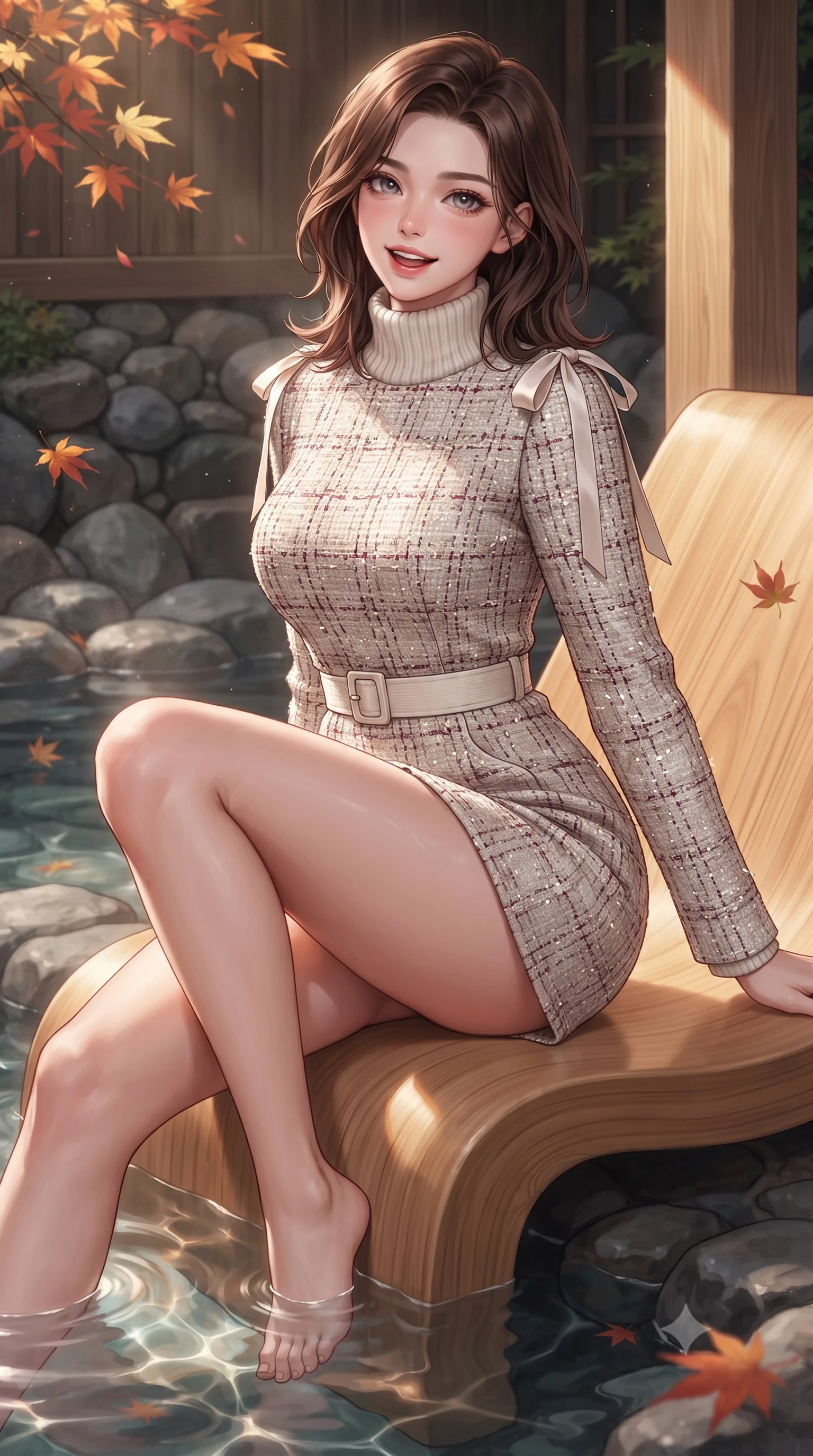 score_9, masterpiece, best quality, ultra-detailed, high-budget anime keyframe, editorial fashion photography, tasteful artistic composition, Korean woman. close-up cowboy shot from the waist and thighs up, the character dominates the composition, filling the frame with her large presence. perched sideways on the lounge seat, one knee drawn up to showcase her slender leg line while her arched back accentuates her feminine hip curve while twisting her slender torso in an alluring contrapposto stance beside floating Japanese maple leaves, mineral spring caustics tracing her flat midriff and curvy hips. The surrounding environment is rendered in vivid detail and crisp panoramic clarity: sharp natural hinoki wood grain, smooth river stone masonry of the bath, and delicate Japanese maple leaf veins in deep focus. She has an exceptionally elegant, slender, and willowy female figure with an ultra-slim waist, flat toned midriff, narrow ribcage, and sculpted feminine hips creating an alluring, slim hourglass silhouette without bulk. sharp v-shaped jawline, high-bridge nose, intricate jewel-like sparkling eyes with depth, thick eyelashes, glossy parted lips with a natural peach sheen, bright cheerful beaming smile with an enchanting and coquettish sensual glint, exuding both youthful cute charm and seductive allure, flawlessly proportioned anatomical accuracy, strict slender model proportions, natural body alignment, perfectly sculpted long slender limbs, ultra-slim waistline, clean dynamic posture without body distortion. wearing an elegant high-neck Icelandic cashmere ribbed turtleneck coat dress with belted waistline in Belvedere ivory pearl and Habsburg bordeaux wine, woven from structured British tweed with subtle metallic flecks, finished with satin ribbon ties at the shoulders fluttering in the gentle breeze, the bespoke structured tailoring following the natural line of her 8.5-heads silhouette with refined elegance. illuminated by onsen water reflection bounce and sharp platinum-gold rim lights sculpting her razor-sharp jawline, narrow waist, and curvy hips. ultra-reflective glossy finish, specular highlights, rich textural contrasts, high-contrast stereoscopic depth, volumetric dynamic lighting, 2k, ultra detail, master piece, 9:16 ratio