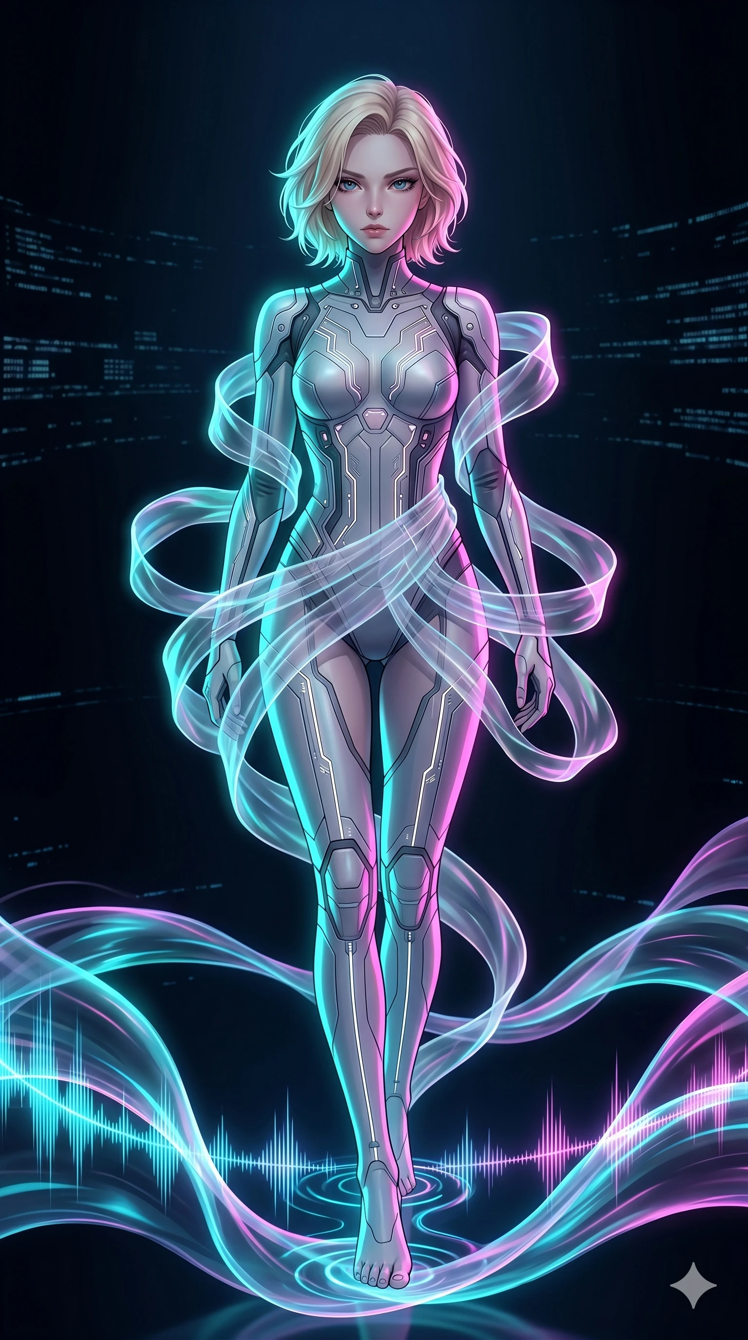 score_9, masterpiece, best quality, ultra-detailed, high-budget anime keyframe, Japanese woman. upper body close-up from the thighs up, character filling the screen for maximum presence. stepping on holographic fluid ribbons of sound that ripple with cyan and magenta light in a dark virtual void. She has an absolutely perfect 8-heads proportion, an exceptionally tall and slender female figure with impossibly long slender legs and an ultra-slim waist. V-shaped jawline, high-bridge nose, intricate jewel-like eyes with depth, thick eyelashes, glossy lips with a natural sheen.. wearing a cybernetic bodysuit with a holographic ribbon, featuring a precision-fitted structured bodysuit wrapped in a translucent flowing holographic organza ribbon. bathed in brilliant cinematic volumetric lighting and intense neon rim light highlighting her slender form. 2k, ultra detail, master piece, 9:16 ratio