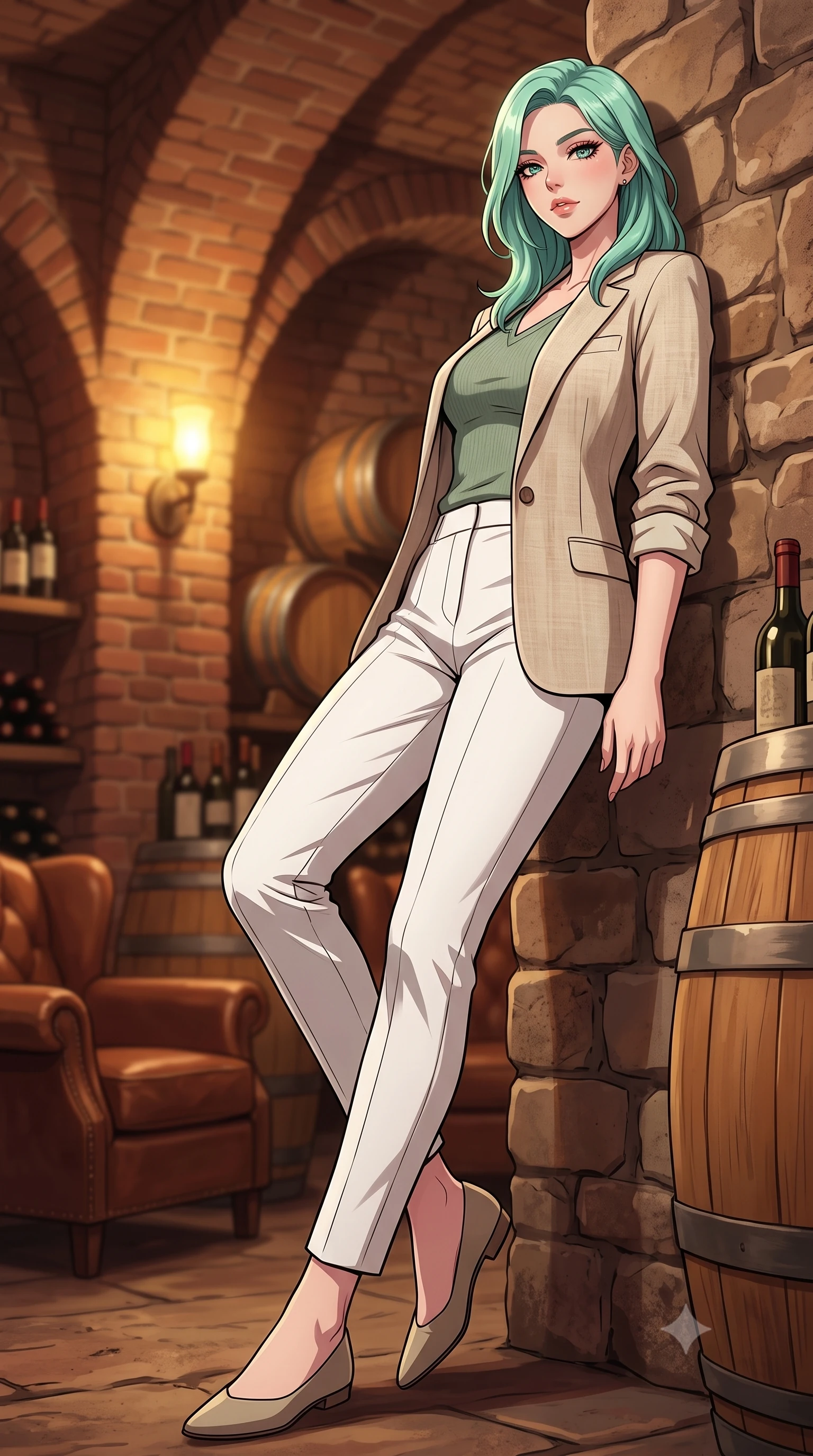 score_9, masterpiece, best quality, ultra-detailed, high-budget anime keyframe, tasteful artistic composition, Japanese woman. low angle full-body shot from head to toe showing her feet, filling the entire 9:16 vertical frame with her statuesque presence, stretching her vertical silhouette. leaning back against a rustic stone wall, casting a slow, alluring gaze at the camera the background shows a soft-focus a private wine tasting parlor with brick walls, oak barrels, and leather armchairs. She has an absolutely perfect, statuesque 8.5-heads proportion, an exceptionally tall and slender model-like female figure with impossibly long slender legs and an ultra-slim waist. sharp v-shaped jawline, high-bridge nose, intricate jewel-like eyes with depth, thick eyelashes, glossy lips with a natural sheen. wearing a form-contouring tailored beige linen blazer over a sage green knit top and white trousers. warm yellow lamplight casting cozy, soft shadows on the brick arches. highly saturated vibrant anime colors, cel-shading, 2d style, master piece, 9:16 ratio