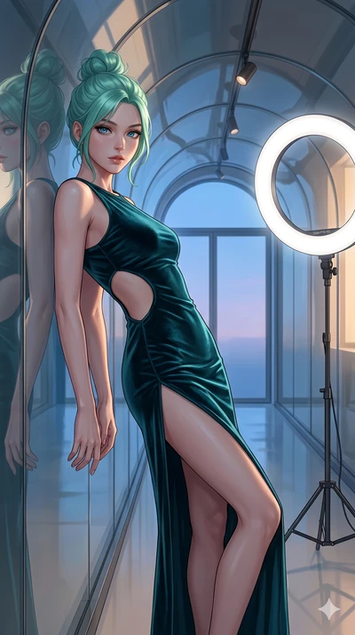score_9, masterpiece, best quality, ultra-detailed, high-budget anime keyframe, editorial fashion photography, tasteful artistic composition, Japanese woman. cowboy shot from the thighs up, character and outfit filling the frame for maximum editorial