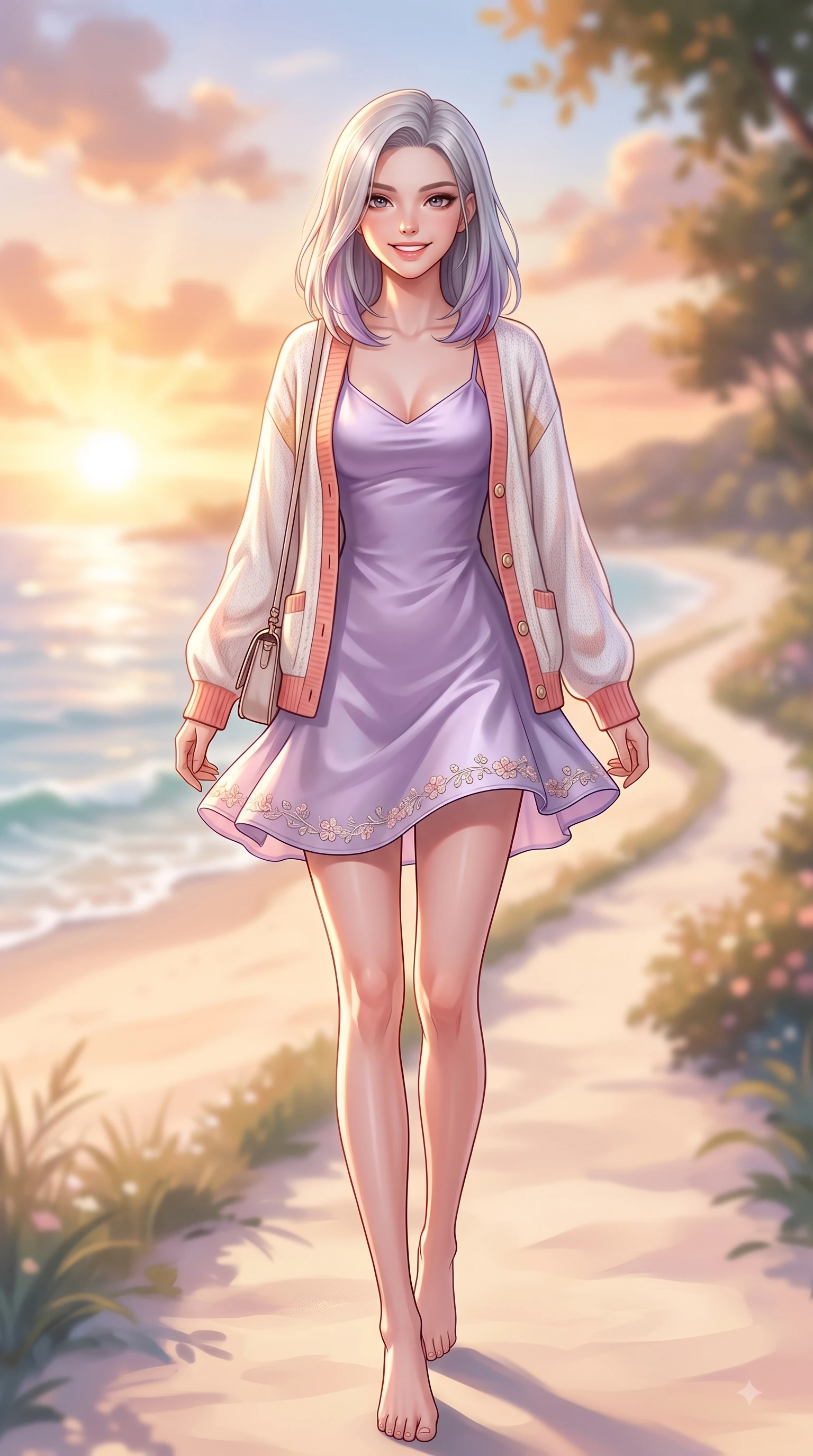 score_9, masterpiece, best quality, ultra-detailed, high-budget anime keyframe, editorial fashion photography, tasteful artistic composition, Caucasian woman. low angle full-body shot from head to toe showing her feet, filling the entire 9:16 vertical frame with her statuesque presence, stretching her vertical silhouette. walking forward in a proud dynamic stride with a cheerful beaming smile, her vertical silhouette filling the frame while taking a stroll along a quiet island seaside path as golden sunlight illuminates her fresh beauty. The composition keeps background elements in soft focus with dreamy bokeh. warm beach sunlight refracting off water droplets blurred into a soft pastel backdrop. She has an absolutely perfect, statuesque 8.5-heads proportion, an exceptionally tall and slender model-like female figure with impossibly long slender legs and an ultra-slim waist. sharp v-shaped jawline, high-bridge nose, intricate jewel-like eyes with depth, thick eyelashes, glossy lips with a natural sheen, flawlessly proportioned anatomical accuracy, natural body alignment, perfectly sculpted elegant limbs, clean dynamic posture without body distortion. wearing a graceful lavender satin slip dress layered under a loose soft white knit cardigan in warm coral pink and champagne ivory, tailored from soft pastel tweed with subtle metallic thread, complemented by delicate embroidered floral trim along the hem, the breezy lightweight fabric fluttering softly against her delicate frame. illuminated by a glorious golden hour sunburst painting the clouds in joyful peach and amber. highly saturated vibrant anime colors, detailed shading with soft gradients, rich glossy textures, high-contrast stereoscopic depth, volumetric dynamic lighting, master piece, 9:16 ratio
