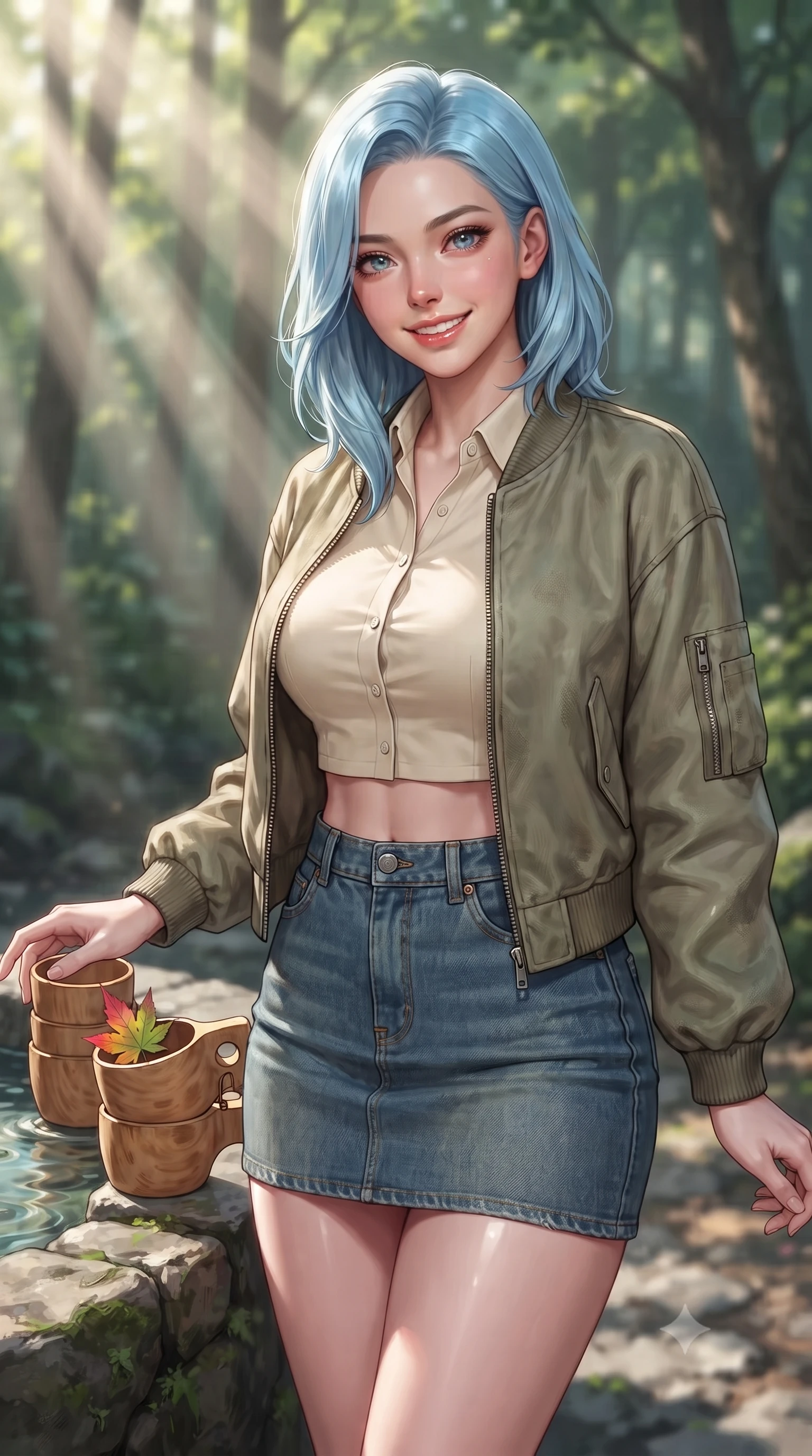 score_9, masterpiece, best quality, ultra-detailed, high-budget anime keyframe, editorial fashion photography, tasteful artistic composition, Korean woman. close-up cowboy shot from the waist and thighs up, the character dominates the composition, filling the frame with her large presence, background elements kept in soft focus. smiling cutely with an air of effortless superiority and magnetic charm set against a soft-focus background of next to a mountain spring well with clear water and wooden cups holding a colorful maple leaf with a delighted, cheerful smile. She has an exceptionally elegant, slender, and willowy female figure with an ultra-slim waist, a gracefully sculpted slender torso, and a refined silhouette. sharp v-shaped jawline, high-bridge nose, intricate jewel-like eyes with depth, thick eyelashes, glossy lips with a natural sheen. wearing tailored modern crop top shirt paired with a mini skirt and an unzipped light bomber jacket. volumetric sunbeams slicing through the forest trees, creating light rays. ultra-reflective glossy finish, specular highlights, metallic sheen, high-contrast stereoscopic depth, volumetric dynamic lighting, 2k, ultra detail, master piece, 9:16 ratio