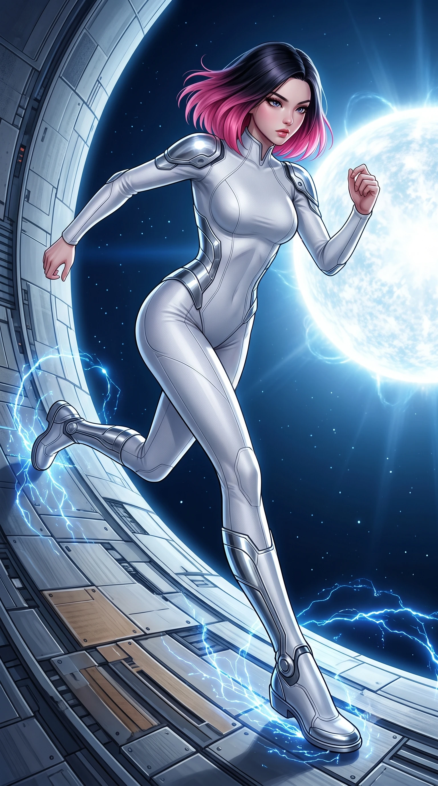score_9, masterpiece, best quality, ultra-detailed, high-budget anime keyframe, editorial fashion photography, tasteful artistic composition, Korean woman. low angle full-body shot from head to toe showing her feet, filling the entire 9:16 vertical frame with her statuesque presence, stretching her vertical silhouette. running along the outer hull of a giant starship in zero gravity, magnetic boots clinging to a research platform shielded from a magnetar star, blue magnetic fields visible arcing in space. She has a statuesque 8.5-heads proportion, an exceptionally tall, slender and willowy model-like build with impossibly long legs and a highly sculpted ultra-slim waist. sharp v-shaped jawline, high-bridge nose, intricate jewel-like eyes with depth, thick eyelashes, glossy lips with a natural sheen. wearing tailored for maximum mobility, sleek form-contouring panels that allow fluid movement, a body-hugging form-contouring white bodysuit with silver chrome plating on the shoulders and sides, featuring a high mock neck. highly saturated vibrant anime colors, intense vivid color palette, soft 3D volumetric shading, volumetric dynamic lighting, cold silver moonlight filtered through translucent gossamer curtains casting delicate shadows. 2k, ultra detail, master piece, 9:16 ratio