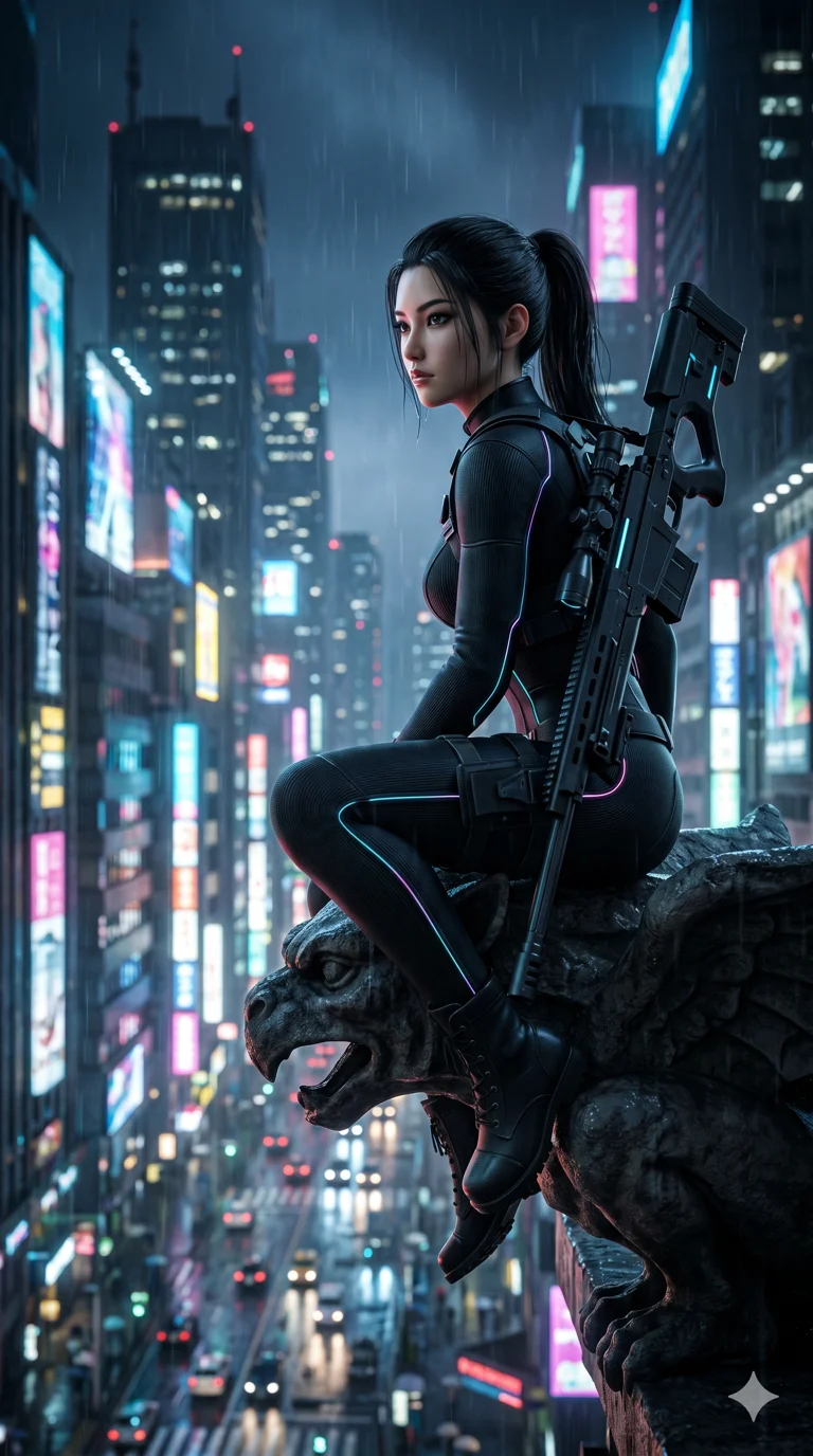 score_9, masterpiece, best quality, ultra-detailed, photorealistic 8k CG render, an incredibly beautiful Japanese woman. Dynamic low angle cowboy shot filling the entire 9:16 frame with her statuesque presence. She is a neon sniper perched on a gargoyle overlooking a futuristic Tokyo. She possesses a statuesque height and a towering silhouette, highlighting her long slender legs and perfect 8-heads proportion. Her face is a flawless masterpiece with a sharp v-shaped jawline, high-bridge nose, expressive jewel-like eyes, thick eyelashes, and perfectly glossy lips. She is wearing a skin-tight matte black stealth suit. A rainy cityscape at night with glowing skyscrapers and neon signs, cinematic shadows., 2k, ultra detail, master piece, 9:16 ratio