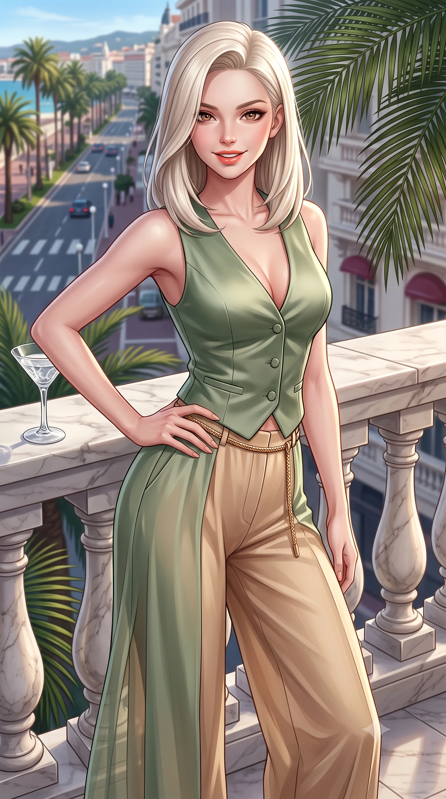 score_9, masterpiece, best quality, ultra-detailed, high-budget anime keyframe, semi-realistic 3D game render, editorial fashion photography, tasteful artistic composition, Caucasian woman. close-up cowboy shot from the waist and thighs up, the character dominates the composition, filling the frame with her large presence. twisting her slender torso in an alluring contrapposto stance, one hand resting on her sculpted hip while flashing a charming, playful smile with parted glossy lips while standing poised on the grand marble hotel terrace overlooking the Boulevard de la Croisette, arching her spine with festival-queen glamour. The surrounding environment is rendered in vivid detail and crisp panoramic clarity. sharp carved marble terrace balusters, palm frond ribs, and crystal glass clarity in deep focus. She has an exceptionally elegant, slender, and willowy female figure with an ultra-slim waist, flat toned midriff, narrow ribcage, and sculpted feminine hips creating an alluring, slim hourglass silhouette without bulk. sharp v-shaped jawline, high-bridge nose, sparkling amber-hazel eyes with depth, long lush eyelashes, glossy sun-kissed lips with a warm coral glaze, radiant teasing smile with sensual sunlit bedroom-eyes, exuding effortless old-money elegance and intoxicating sun-drenched allure, flawlessly proportioned anatomical accuracy, strict slender model proportions, natural body alignment, perfectly sculpted long slender limbs, ultra-slim waistline, clean dynamic posture without body distortion. wearing a tailored satin resort vest worn closed against bare skin with high-waisted silk palazzo pants cinched at her narrow waist in sage green and warm almond beige, tailored from airy semi-sheer chiffon that flutters gently in the evening breeze, finished with a delicate gold snake chain belt resting loosely on her curvy hips, the form-fitting cut adhering flawlessly to her sculpted flat midriff and slender torso, emphasizing her long leg lines and perfectly proportioned willowy build. illuminated by grand marble terrace bounce and sharp platinum rim lights sculpting her razor-sharp jawline, narrow waist, and curvy hips. highly saturated vibrant anime colors, detailed shading with soft gradients, rich glossy textures, high-contrast stereoscopic depth, volumetric dynamic lighting, master piece, 9:16 ratio