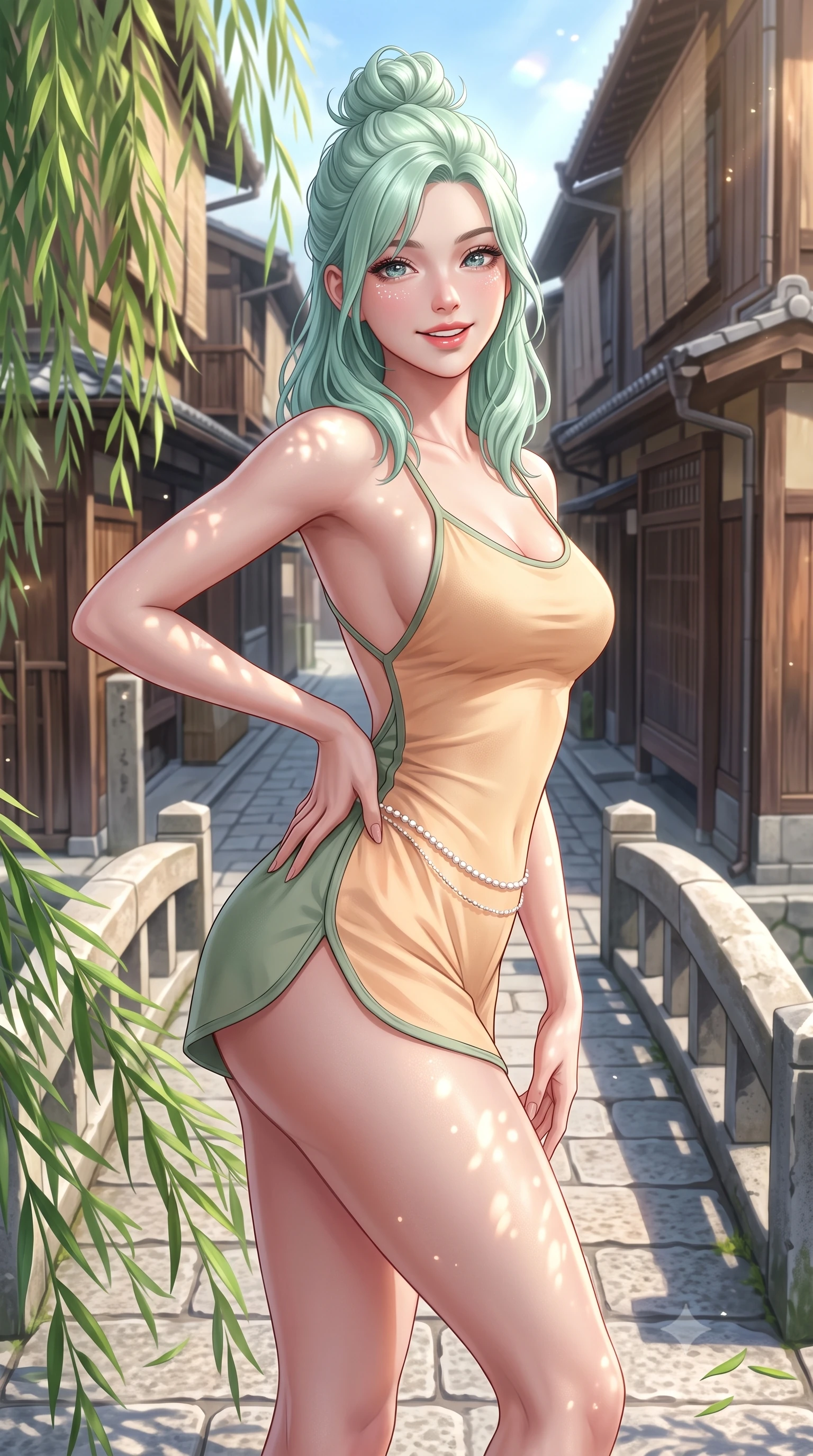 score_9, masterpiece, best quality, ultra-detailed, high-budget anime keyframe, semi-realistic 3D game render, editorial fashion photography, tasteful artistic composition, Japanese woman. close-up cowboy shot from the waist and thighs up, the character dominates the composition, filling the frame with her large presence. twisting her slender torso in an alluring contrapposto stance, one hand resting on her sculpted hip while flashing a radiant, playful smile with parted glossy lips while pausing gracefully at the center of the small arched stone bridge, arching her lower back with a bright, charming smile as weeping willow fronds brush the water. The surrounding environment is rendered in vivid detail and crisp panoramic clarity. detailed silk dress weave, dappled sunbeams on skin, and Gion Shirakawa architecture in high resolution. She has an exceptionally elegant, slender, and willowy female figure with an ultra-slim waist, flat toned midriff, narrow ribcage, and sculpted feminine hips creating an alluring, slim hourglass silhouette without bulk. sharp v-shaped jawline, high-bridge nose, intricate jewel-like sparkling eyes with depth, thick eyelashes, glossy parted lips with a natural peach sheen, bright cheerful beaming smile with an enchanting and coquettish sensual glint, exuding both youthful cute charm and seductive allure, flawlessly proportioned anatomical accuracy, strict slender model proportions, natural body alignment, perfectly sculpted long slender limbs, ultra-slim waistline, clean dynamic posture without body distortion. wearing a second-skin stretch cotton camisole romper with high-cut leg openings and an open back in soft apricot and sage green, tailored from crisp cotton poplin with clean structural lines, accented with a dainty pearl waist chain catching the ambient sunlight, the glove-like silhouette tightly following the natural contour of her hips and long slender legs with youthful 8.5-heads elegance. bathed in soft, sparkling morning sunbeams filtering through willow fronds onto the canal. highly saturated vibrant anime colors, detailed shading with soft gradients, rich glossy textures, high-contrast stereoscopic depth, volumetric dynamic lighting, master piece, 9:16 ratio