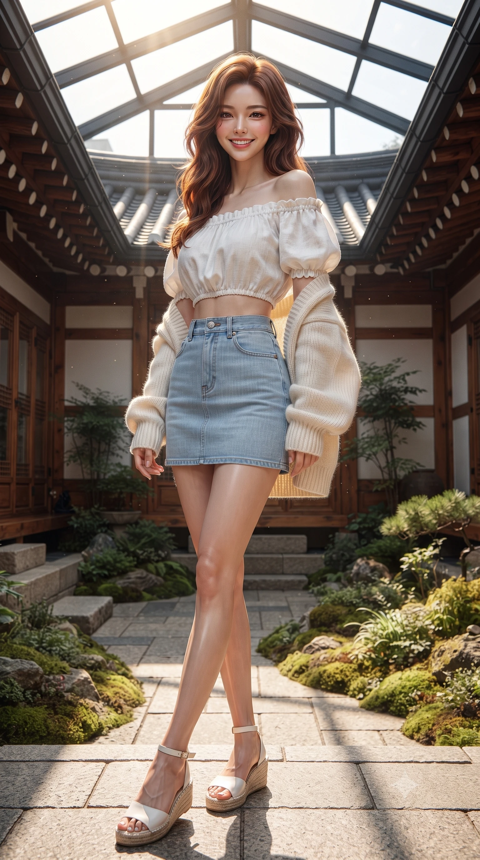 score_9, masterpiece, best quality, ultra-detailed, high-budget anime keyframe, editorial fashion photography, tasteful artistic composition, Korean woman. low angle full-body shot from head to toe showing her feet, filling the entire 9:16 vertical frame with her statuesque presence, stretching her vertical silhouette. reclining languidly on her side across the sunbed with one knee drawn up, her radiant smile and arched hip curve commanding the 9:16 vertical frame with youthful sensual charisma while standing poised beside a glass-covered moss courtyard garden, twisting her slender torso in an alluring contrapposto stance as morning sunlight filters through traditional roof tiles. The surrounding environment is rendered in vivid detail and crisp panoramic clarity. sharp dark roof tile ridges, polished wood grain on hanok verandas, and courtyard stone textures in deep focus. She has an exceptionally tall and slender model-like 8.5-heads proportion, an ultra-slim waist, a flat toned midriff, narrow delicate ribcage, and beautifully sculpted feminine hips creating a graceful, slim hourglass silhouette without any bulky heaviness, with impossibly long slender legs. sharp v-shaped jawline, high-bridge nose, intricate jewel-like sparkling eyes with depth, thick eyelashes, glossy parted lips with a natural peach sheen, bright cheerful beaming smile with an enchanting and coquettish sensual glint, exuding both youthful cute charm and seductive allure, flawlessly proportioned anatomical accuracy, strict slender model proportions, natural body alignment, perfectly sculpted long slender limbs, ultra-slim waistline, clean dynamic posture without body distortion. wearing an off-shoulder puff-sleeve crop blouse with a tight high-waisted denim A-line mini skirt emphasizing her curvy hips in soft baby blue and crisp cloud white, crafted from soft breathable linen with effortless natural drape, complemented by an oversized soft knit cardigan slipping off one bare shoulder, the form-fitting cut adhering flawlessly to her sculpted flat midriff and slender torso, emphasizing her long leg lines and perfectly proportioned willowy build. bathed in warm morning sunlight filtering through open glass courtyard roofs. ultra-reflective glossy finish, specular highlights, rich textural contrasts, high-contrast stereoscopic depth, volumetric dynamic lighting, 2k, ultra detail, master piece, 9:16 ratio