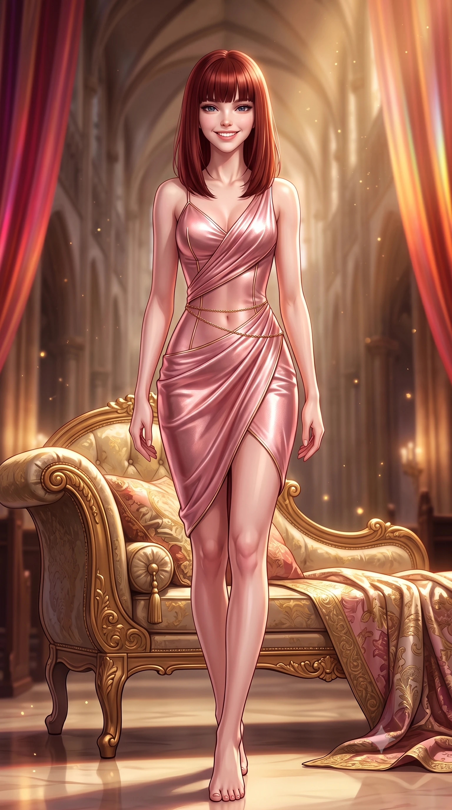 score_9, masterpiece, best quality, ultra-detailed, high-budget anime keyframe, semi-realistic 3D game render, editorial fashion photography, tasteful artistic composition, Caucasian woman. low angle full-body shot from head to toe showing her feet, filling the entire 9:16 vertical frame with her statuesque presence, stretching her vertical silhouette. stepping forward in a confident stride, her long slender legs and curvaceous hips creating a dynamic, sweeping vertical line while lounging gracefully across the antique gilded chaise propped on one elbow with legs extended, displaying her long slender limbs and statuesque hourglass silhouette with regal anime flair. The background shows a soft-focus golden dust motes shimmering in spotlight beams softened in grand star-fortress cathedral shallow focus. She has an exceptionally tall and slender model-like 8.5-heads proportion, an ultra-slim waist, a flat toned midriff, narrow delicate ribcage, and beautifully sculpted feminine hips creating a graceful, slim hourglass silhouette without any bulky heaviness, with impossibly long slender legs. sharp v-shaped jawline, high-bridge nose, intricate jewel-like sparkling eyes with depth, thick eyelashes, glossy parted lips with a natural peach sheen, bright cheerful beaming smile with an enchanting and coquettish sensual glint, exuding both youthful cute charm and seductive allure, flawlessly proportioned anatomical accuracy, strict slender model proportions, natural body alignment, perfectly sculpted long slender limbs, ultra-slim waistline, clean dynamic posture without body distortion. wearing a tailored liquid velvet combat sheath dress with subtle metallic piping following her feminine curves without bulk in Solaris liquid rose-quartz and alien peach, crafted from fluid liquid silk satin that clings smoothly to her narrow waist and rounded hips with a dewy sheen, accented with a dainty gold belly chain resting across her flat midriff and curving hips, the impeccably tailored cut draping gracefully along her slender figure with aristocratic poise. bathed in warm 2600K golden spotlight radiance combined with ruby and amber holographic curtain glow. highly saturated vibrant anime colors, detailed shading with soft gradients, rich glossy textures, high-contrast stereoscopic depth, volumetric dynamic lighting, master piece, 9:16 ratio