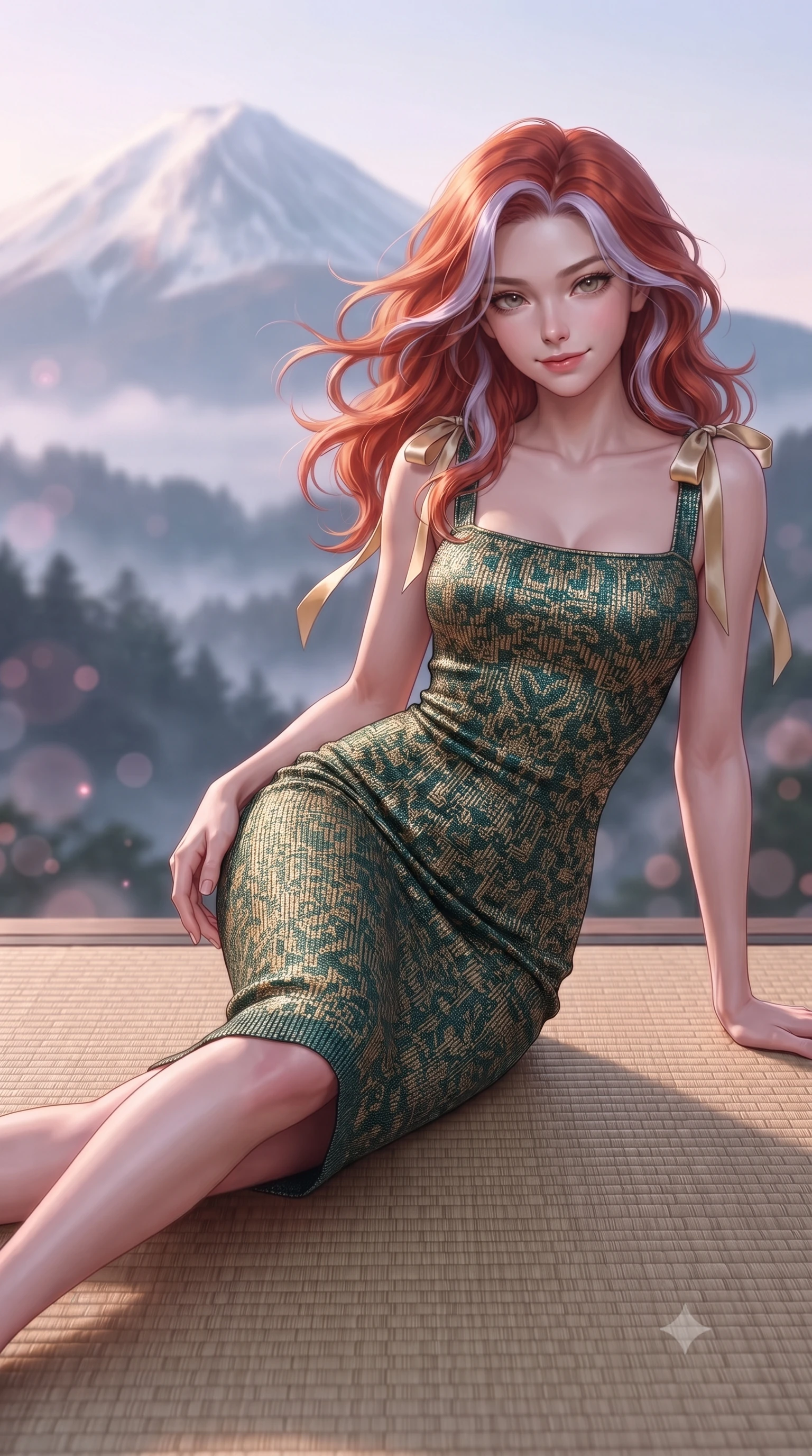 score_9, masterpiece, best quality, ultra-detailed, high-budget anime keyframe, editorial fashion photography, tasteful artistic composition, Caucasian woman. close-up cowboy shot from the waist and thighs up, the character dominates the composition, filling the frame with her large presence. turning slowly with an enchanting smoldering smile, her glossy hair tossing in the breeze as her hips angle gracefully in a captivating contrapposto while reclining gracefully across the woven rush tatami platform propped on one elbow with legs extended, displaying her long slender limbs and statuesque hourglass silhouette. The background shows a soft-focus snow-crested Mount Fuji glowing in evening alpenglow, wisps of volcanic steam from misty forested gorges, blurred into rose, violet, and charcoal bokeh. She has an exceptionally elegant, slender, and willowy female figure with an ultra-slim waist, flat toned midriff, narrow ribcage, and sculpted feminine hips creating an alluring, slim hourglass silhouette without bulk. sharp v-shaped jawline, high-bridge nose, intricate jewel-like sparkling eyes with depth, thick eyelashes, glossy parted lips with a natural peach sheen, bright cheerful beaming smile with an enchanting and coquettish sensual glint, exuding both youthful cute charm and seductive allure, flawlessly proportioned anatomical accuracy, strict slender model proportions, natural body alignment, perfectly sculpted long slender limbs, ultra-slim waistline, clean dynamic posture without body distortion. wearing a sculpted metallic lurex knit column dress clinging smoothly to her curves with radiant shimmer in Bavarian alpine spruce green and Neuschwanstein gilded gold, woven from buttery-soft stretch lambskin leather adhering to her body like a second skin, finished with satin ribbon ties at the shoulders fluttering in the gentle breeze, the impeccably tailored cut draping gracefully along her slender figure with aristocratic poise. illuminated by tatami floor bounce and sharp rose-gold rim lights sculpting her jawline, narrow waist, and curvy hips. ultra-reflective glossy finish, specular highlights, rich textural contrasts, high-contrast stereoscopic depth, volumetric dynamic lighting, 2k, ultra detail, master piece, 9:16 ratio