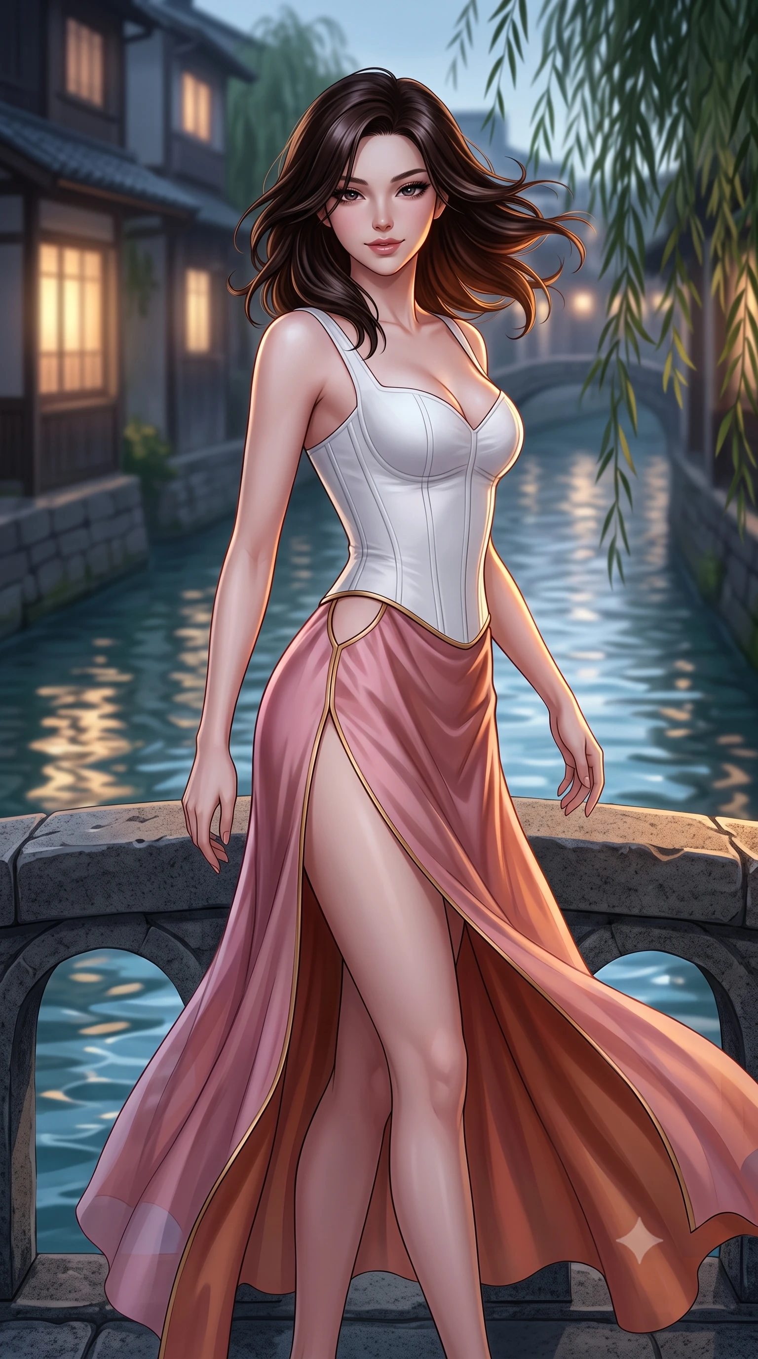 score_9, masterpiece, best quality, ultra-detailed, high-budget anime keyframe, semi-realistic 3D game render, editorial fashion photography, tasteful artistic composition, Korean woman. close-up cowboy shot from the waist and thighs up, the character dominates the composition, filling the frame with her large presence. turning slowly with a smoldering smile, her glossy dark hair tossing in the evening breeze as her hips angle gracefully in a captivating contrapposto while standing poised on the ancient arched stone bridge above the clear canal water, arching her spine with sovereign geisha-inspired poise. The background shows a soft-focus rippling canal waters reflecting glowing windows and swaying willow branches softened in romantic Gion shallow focus. She has an exceptionally elegant, slender, and willowy female figure with an ultra-slim waist, flat toned midriff, narrow ribcage, and sculpted feminine hips creating an alluring, slim hourglass silhouette without bulk. sharp v-shaped jawline, high-bridge nose, intricate jewel-like dark sparkling almond eyes with depth, thick lashes, glossy parted lips with a natural rose-plum sheen, bright alluring and coquettish smile with bedroom-eyes, exuding both timeless oriental elegance and sovereign high-fashion allure, flawlessly proportioned anatomical accuracy, strict slender model proportions, natural body alignment, perfectly sculpted long slender limbs, ultra-slim waistline, clean dynamic posture without body distortion. wearing a tailored white porcelain-inspired structured corset top paired with an asymmetric flowing silk maxi skirt with a high slit in dusty rose pink and burnished copper, tailored from sheer gossamer silk organza with an airy weightless flutter, finished with sharp laser-cut side hip slits framed by gold piping, the liquid-tight tailored silk fabric clinging flawlessly to her narrow waist and rounded feminine hips, emphasizing every millimeter of her sculpted slim hourglass curves without any bulky heaviness. illuminated by rippling canal water reflections and sharp amber rim lighting sculpting her razor-sharp jawline, narrow waist, and curvy hips. highly saturated vibrant anime colors, detailed shading with soft gradients, rich glossy textures, high-contrast stereoscopic depth, volumetric dynamic lighting, master piece, 9:16 ratio