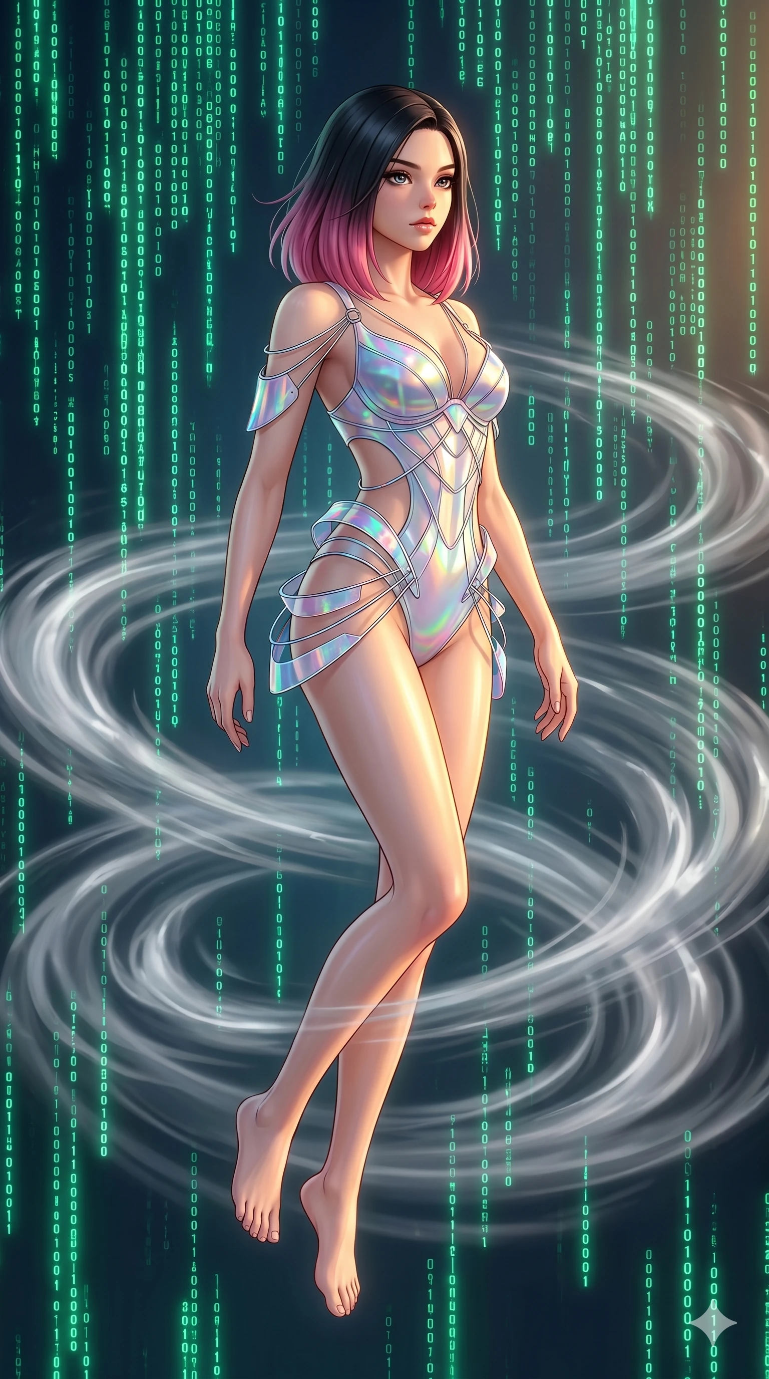score_9, masterpiece, best quality, ultra-detailed, high-budget anime keyframe, editorial fashion photography, tasteful artistic composition, Korean woman. upper body close-up from the thighs up, character filling the screen for maximum presence. gracefully floating amidst inside a digital void where lines of code fall like a green neon rain while swirling vortexes of silver mist encircle her legs. She has an absolutely perfect 8-heads proportion, an exceptionally tall and slender female figure with impossibly long slender legs and an ultra-slim waist. V-shaped jawline, high-bridge nose, intricate jewel-like eyes with depth, thick eyelashes, glossy lips with a natural sheen.. wearing a holographic ribbon shell armor, featuring thin iridescent plates linked by wire straps over a sleek contouring base. bathed in warm sunset rays that create a soft gold glow along her slender athletic build. 2k, ultra detail, master piece, 9:16 ratio