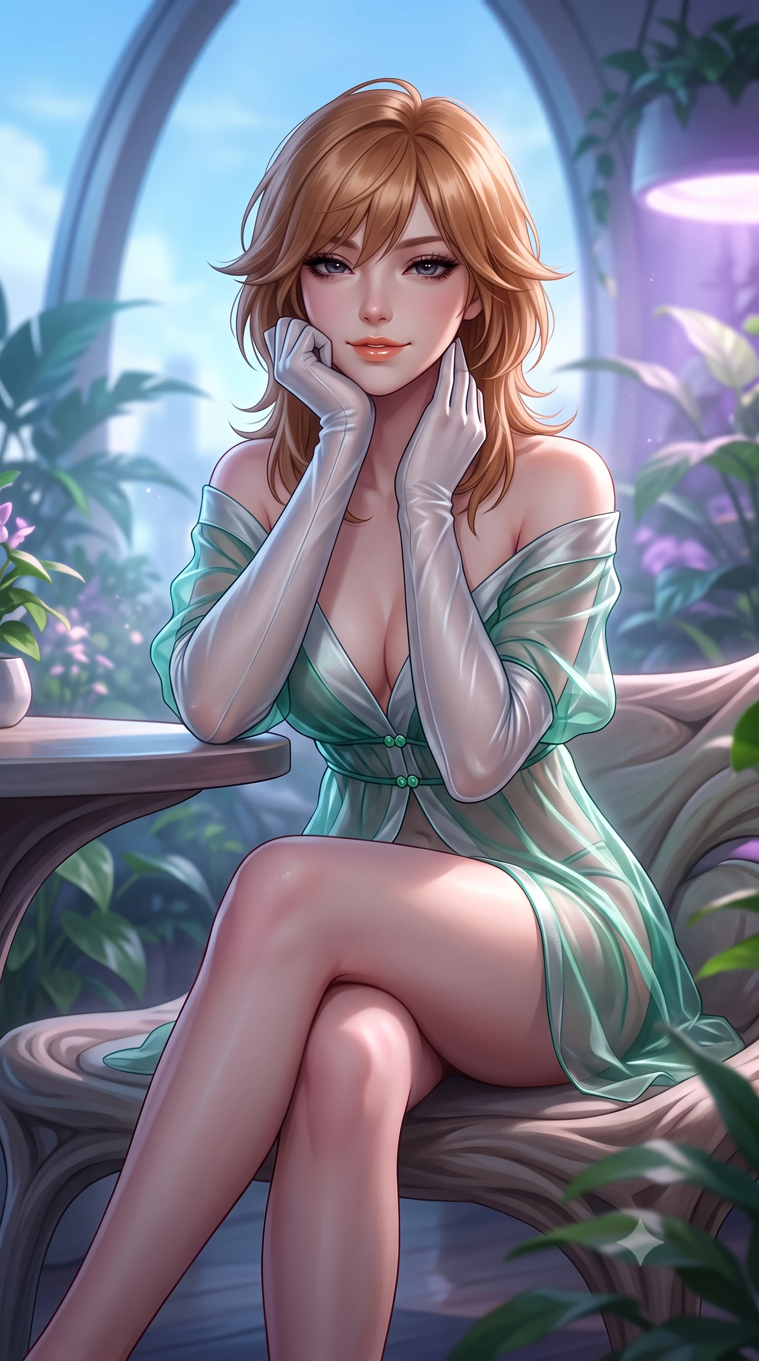 score_9, masterpiece, best quality, ultra-detailed, high-budget anime keyframe, semi-realistic 3D game render, editorial fashion photography, tasteful artistic composition, Korean woman. close-up cowboy shot from the waist and thighs up, the character dominates the composition, filling the frame with her large presence. resting one elbow on the table and supporting her chin, leaning close to the camera with heavy-lidded sparkling eyes and parted lips while sitting gracefully on the sculptured organic bench with legs crossed, running one manicured hand slowly along her neck with magnetic poise. The background shows a soft-focus gentle nutrient mist droplets softened in orbital botanical penthouse shallow focus. She has an exceptionally elegant, slender, and willowy female figure with an ultra-slim waist, flat toned midriff, narrow ribcage, and sculpted feminine hips creating an alluring, slim hourglass silhouette without bulk. sharp v-shaped jawline, high-bridge nose, intricate jewel-like sparkling eyes with depth, thick eyelashes, glossy parted lips with a natural peach sheen, bright cheerful beaming smile with an enchanting and coquettish sensual glint, exuding both youthful cute charm and seductive allure, flawlessly proportioned anatomical accuracy, strict slender model proportions, natural body alignment, perfectly sculpted long slender limbs, ultra-slim waistline, clean dynamic posture without body distortion. wearing an alluring semi-sheer silk chiffon boudoir peignoir slipping off bare shoulders with delicate jade button accents in Nordic aurora emerald green and starlight silver, crafted from translucent silk organza with an ethereal crystalline sheen, complemented by sheer opera-length evening gloves tracing her slender arms, the second-skin tailored fabric adhering flawlessly to her sculpted flat midriff and slender torso, emphasizing her long leg lines and perfectly proportioned willowy build. bathed in the natural blue Earth-light spilling through orbital windows mixed with soft violet hydroponic grow lights. highly saturated vibrant anime colors, detailed shading with soft gradients, rich glossy textures, high-contrast stereoscopic depth, volumetric dynamic lighting, master piece, 9:16 ratio