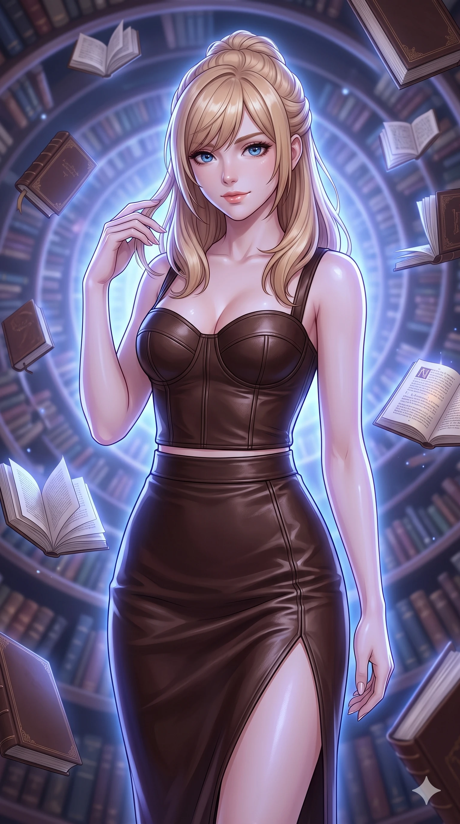 score_9, masterpiece, best quality, ultra-detailed, high-budget anime keyframe, editorial fashion photography, tasteful artistic composition, Caucasian woman, strictly human ears. close-up cowboy shot from the waist and thighs up, the character dominates the composition, filling the frame with her large presence, background elements kept in soft focus. Gently brushing hair from her face with an enigmatic half-smile. set against a soft-focus background of an impossible spiral library extending infinitely in all directions with leather-bound books floating off shelves in zero gravity pages turning themselves and illuminated manuscripts orbiting like literary satellites. She has an exceptionally elegant and slender, willowy female figure with an ultra-slim waist, a gracefully sculpted slender torso, and a refined slim physique. sharp v-shaped jawline, high-bridge nose, intricate jewel-like eyes with depth, thick eyelashes, glossy lips with a natural sheen. wearing a fitted bustier top in dark chocolate brown leather, paired with a matching high-waisted midi skirt with a high side slit. cool ethereal blue-violet bioluminescent glow wrapping around her from all sides. 2k, ultra detail, master piece, 9:16 ratio