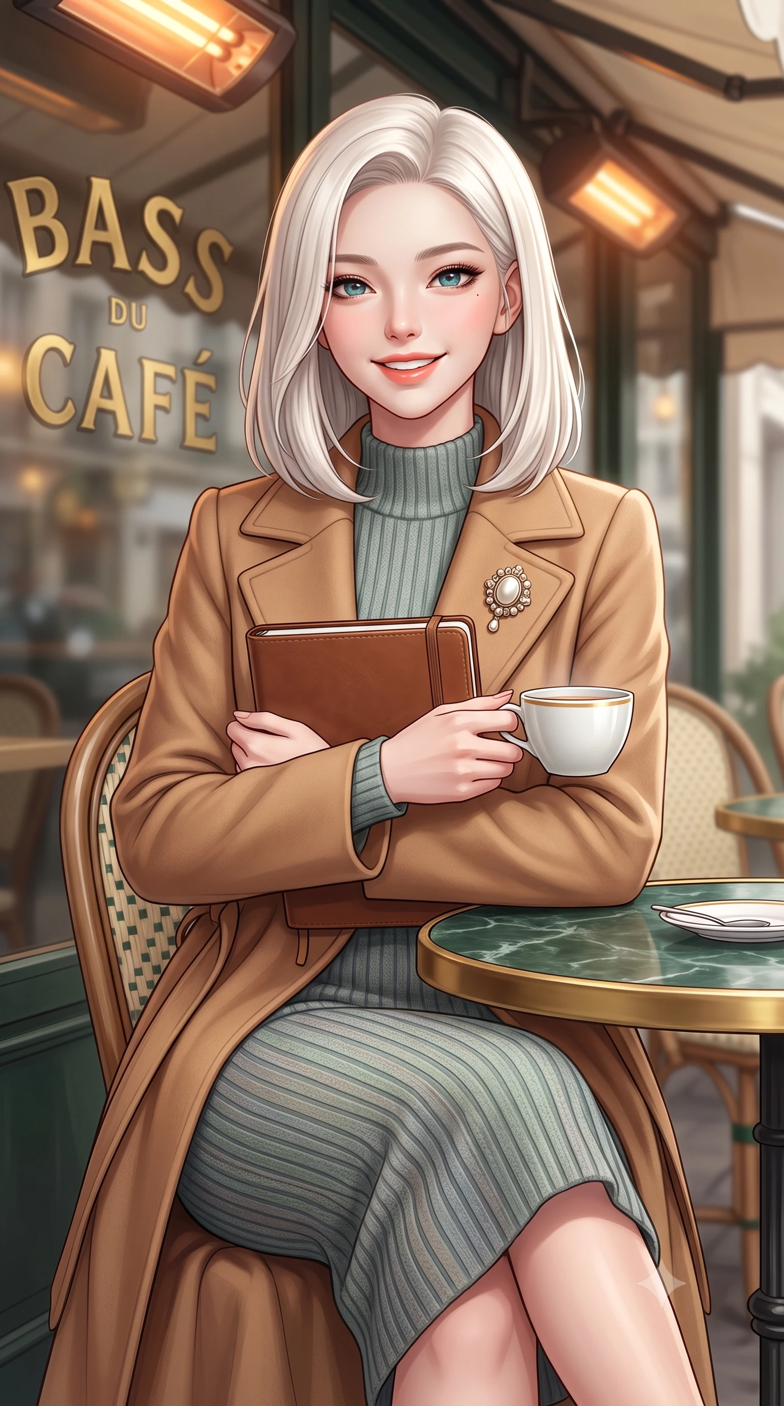 score_9, masterpiece, best quality, ultra-detailed, high-budget anime keyframe, semi-realistic 3D game render, editorial fashion photography, tasteful artistic composition, Korean woman. close-up cowboy shot from the waist and thighs up, the character dominates the composition, filling the frame with her large presence. holding a leather notebook close to her chest with both arms, smiling delightfully with youthful scholarly grace while sitting poised at a round green marble bistrot table beneath the heated cafe awning, cradling a porcelain cup with a radiant French smile. The background shows a soft-focus brass café lettering on glass softened in romantic Left Bank intellectual shallow focus. She has an exceptionally elegant, slender, and willowy female figure with an ultra-slim waist, flat toned midriff, narrow ribcage, and sculpted feminine hips creating an alluring, slim hourglass silhouette without bulk. sharp v-shaped jawline, high-bridge nose, intricate jewel-like sparkling eyes with depth, thick eyelashes, glossy parted lips with a natural peach sheen, bright cheerful beaming smile with an enchanting and coquettish sensual glint, exuding both youthful cute charm and seductive allure, flawlessly proportioned anatomical accuracy, strict slender model proportions, natural body alignment, perfectly sculpted long slender limbs, ultra-slim waistline, clean dynamic posture without body distortion. wearing a tailored belted cashmere wrap coat in warm camel layered over a fine ribbed knit midi dress in misty Arashiyama bamboo green and slate grey, tailored from heritage British Harris Tweed with rich multi-tonal yarn weave, complemented by an antique baroque pearl brooch pinned tastefully on the lapel, the sharp shoulder tailoring and gently nipped waist framing her slender torso with pristine sartorial perfection. bathed in soft overcast Parisian natural daylight warmed by glowing overhead outdoor patio heaters. highly saturated vibrant anime colors, detailed shading with soft gradients, rich glossy textures, high-contrast stereoscopic depth, volumetric dynamic lighting, master piece, 9:16 ratio