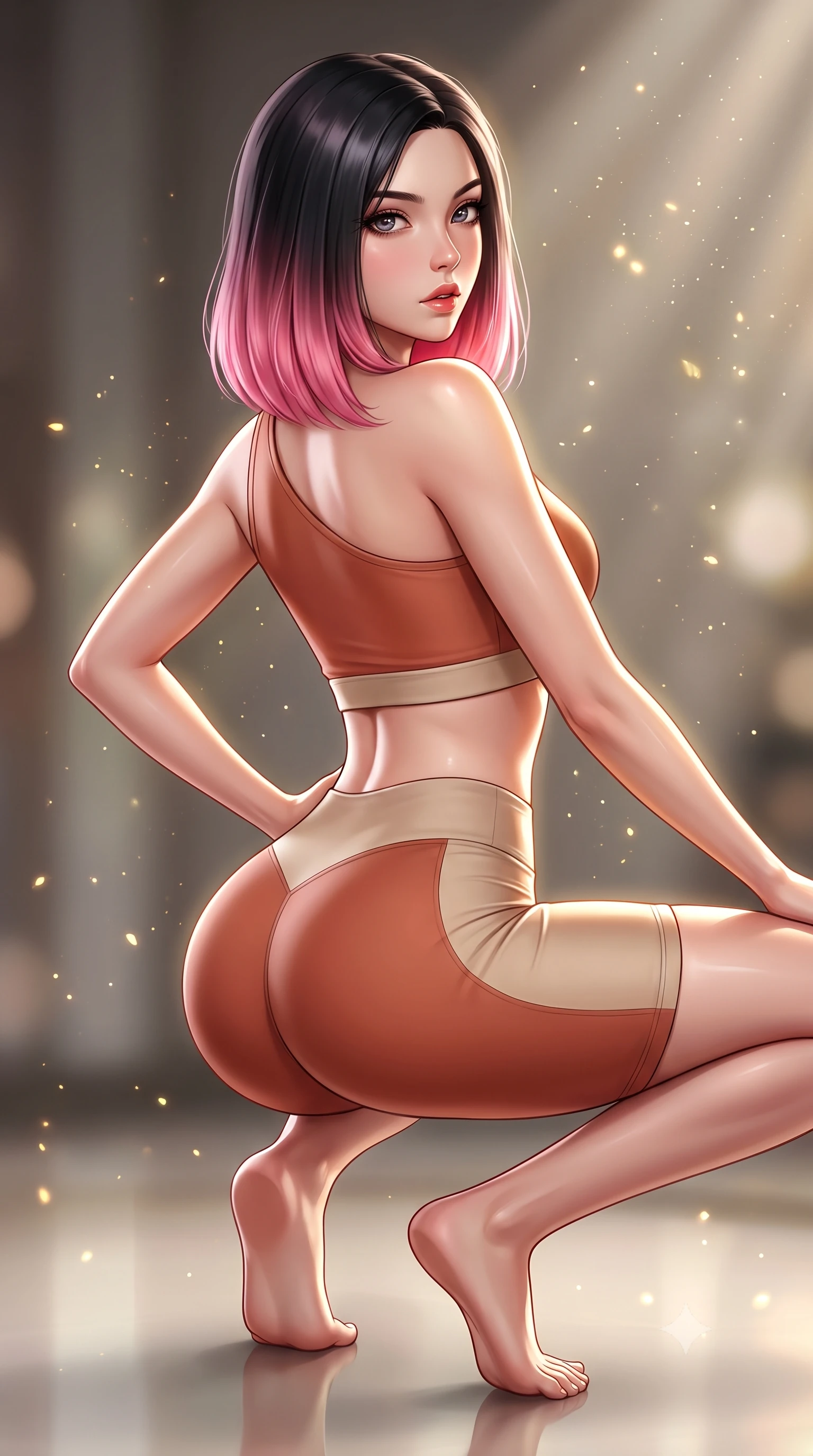 score_9, masterpiece, best quality, ultra-detailed, high-budget anime keyframe, semi-realistic 3D game render, editorial fashion photography, tasteful artistic composition, Korean woman. close-up cowboy shot from the waist and thighs up, the character dominates the composition, filling the frame with her large presence. posing in an alluring rear three-quarter angle, arching her lower back in a pronounced S-curve with one hand on her hip, glancing seductively over her bare shoulder with parted glossy lips while crouching in a low, balanced dancer plié on the reflective floor, her athletic feminine curves and toned hips creating a breathtaking line. The composition keeps background elements in soft focus with creamy bokeh. floating micro-chalk particles and spotlight beams scattering luminous golden light motes. She has an exceptionally elegant, slender, and willowy female figure with an ultra-slim waist, a gracefully sculpted slender torso, toned flat midriff, and rounded feminine hips creating an alluring hourglass silhouette. sharp v-shaped jawline, high-bridge nose, intricate jewel-like eyes with depth, thick eyelashes, glossy parted lips with a natural sheen, intensely captivating and seductive bedroom-eyes expression, flawlessly proportioned anatomical accuracy, strict slender model proportions, natural body alignment, perfectly sculpted long slender limbs, ultra-slim waistline, clean dynamic posture without body distortion. wearing a sporty asymmetrical crop tank paired with seamless contouring biker shorts in warm terracotta and oatmeal beige, crafted from compression spandex sculpting her athletic hourglass lines, finished with high-cut leg elastic bands defining her long leg lines, the liquid-tight tailored fabric clinging flawlessly to her narrow waist and rounded feminine hips, emphasizing every millimeter of her sculpted hourglass curves during movement. illuminated by crisp specular rim lights accentuating her narrow waist, curved hips, and long legs. highly saturated vibrant anime colors, detailed shading with soft gradients, rich glossy textures, high-contrast stereoscopic depth, volumetric dynamic lighting, master piece, 9:16 ratio