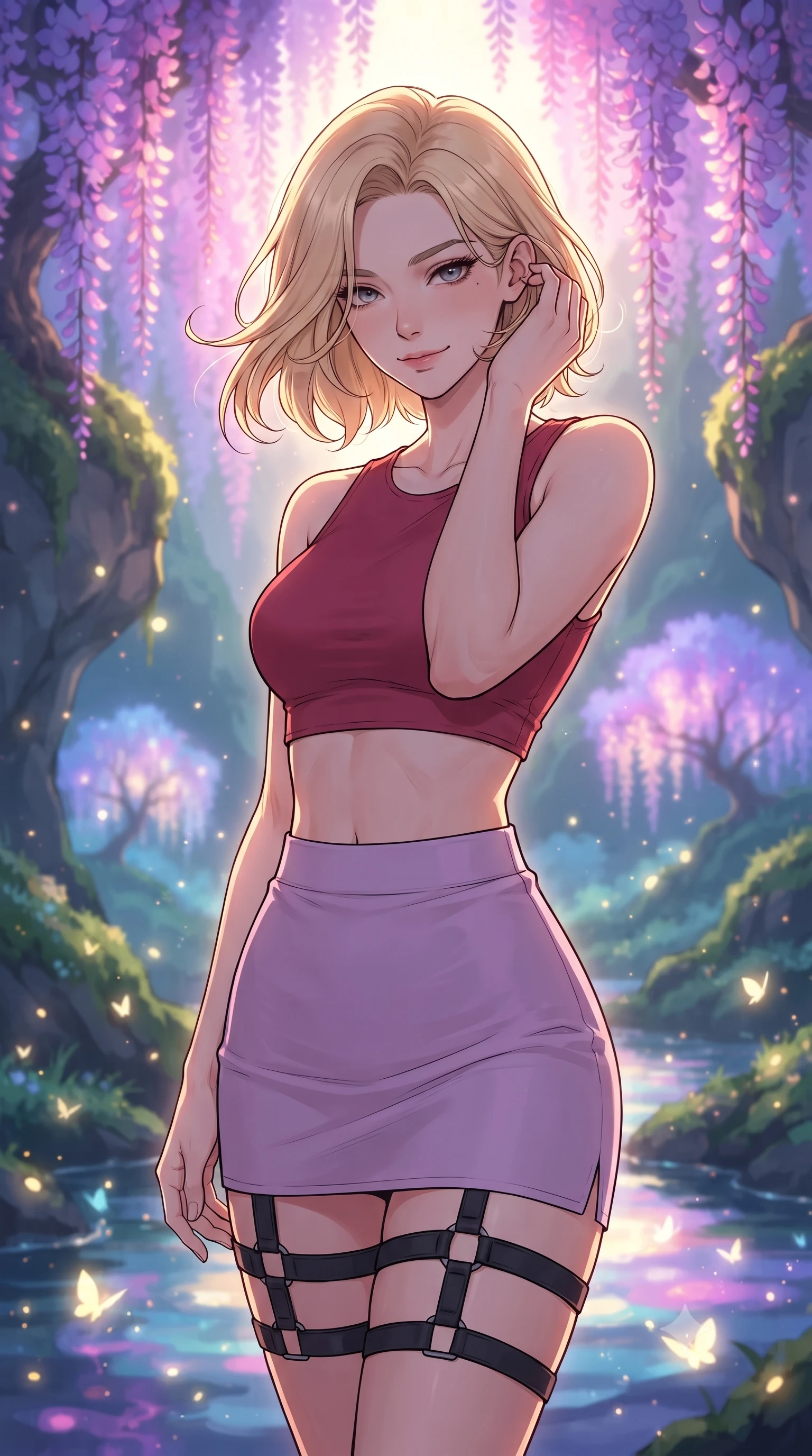 score_9, masterpiece, best quality, ultra-detailed, high-budget anime keyframe, gorgeous anime illustration, with clean line-art and distinct ink outlines, Caucasian woman, strictly human ears. close-up cowboy shot from the waist and thighs up, the character dominates the composition, filling the frame with her large presence, background elements kept in soft focus. Gently brushing hair from her face with an enigmatic half-smile. set against a soft-focus background of in a secluded glen where giant wisteria trees with glowing purple and pink flower trails cascade down mossy cliffs, luminescent pollen floating like fireflies over a stream of liquid opal. She has an exceptionally elegant and slender, willowy female figure with an ultra-slim waist, a gracefully sculpted slender torso, and a refined slim physique. sharp v-shaped jawline, high-bridge nose, intricate jewel-like eyes with depth, thick eyelashes, glossy lips with a natural sheen. wearing a matte crimson crop top paired with matching high-waist lavender mini skirt and black thigh straps. dramatic backlight creating a radiant halo effect around her entire silhouette. 2k, ultra detail, master piece, 9:16 ratio, vibrant anime color palette, detailed cel-shading with soft gradients, rich contrast, dynamic lighting, 2d animation style
