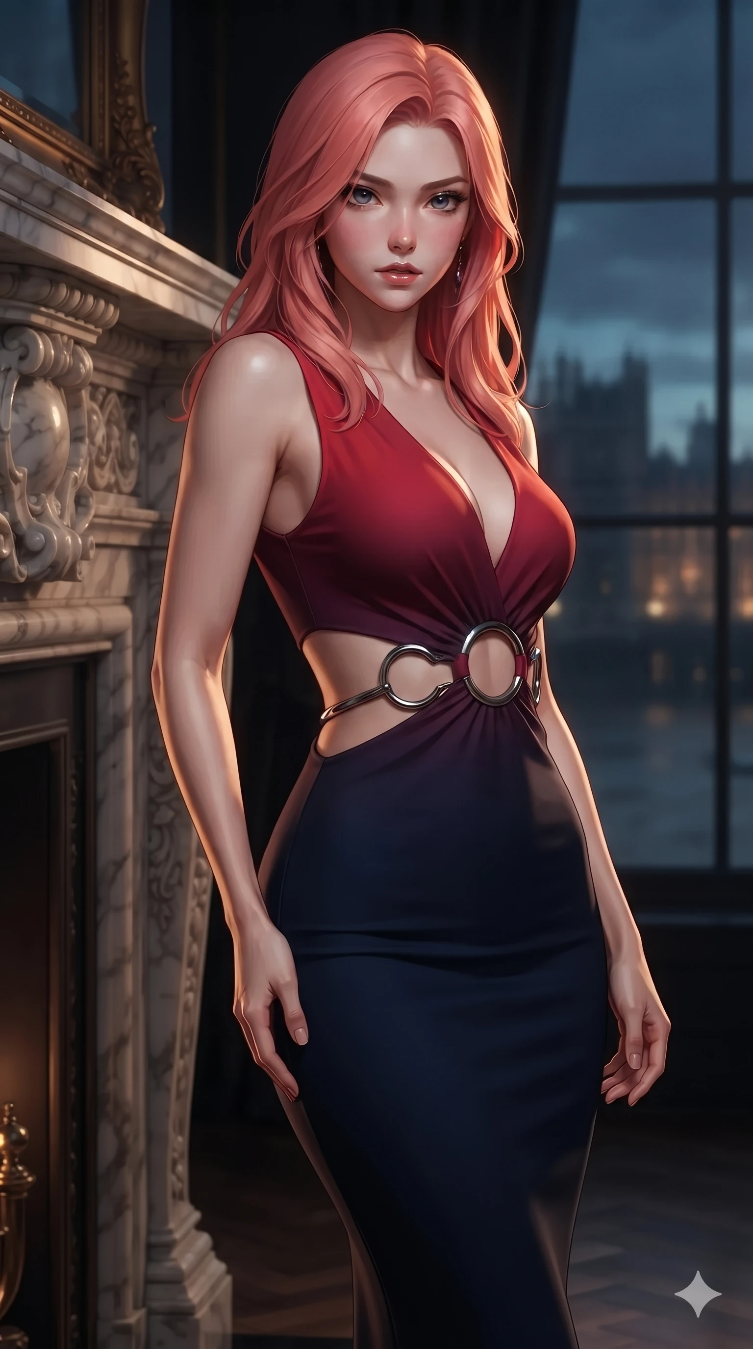 score_9, masterpiece, best quality, ultra-detailed, high-budget anime keyframe, editorial fashion photography, tasteful artistic composition, Japanese woman. close-up cowboy shot from the waist and thighs up, the character dominates the composition, filling the frame with her large presence. standing poised beside a towering marble fireplace with hips cocked back, casting an alluring, sovereign gaze toward the viewer while twisting her slender torso in an alluring contrapposto stance, golden clocktower reflections dancing across her flat midriff and curvy hips. The background shows a soft-focus historic Thames embankment softened in atmospheric nocturnal shallow focus. She has an exceptionally elegant, slender, and willowy female figure with an ultra-slim waist, flat toned midriff, narrow ribcage, and sculpted feminine hips creating an alluring, slim hourglass silhouette without bulk. sharp v-shaped jawline, high-bridge nose, intricate jewel-like dark sparkling eyes with dangerous depth, thick curled eyelashes, glossy parted lips with a rich wine sheen, smoldering seductive half-smile with bedroom-eyes, exuding effortless superiority and intoxicating dark allure, flawlessly proportioned anatomical accuracy, strict slender model proportions, natural body alignment, perfectly sculpted long slender limbs, ultra-slim waistline, clean dynamic posture without body distortion. wearing a slinky deep-V liquid jersey cocktail dress with waist cutout accentuating her hourglass curves in Tokyo Tower scarlet crimson and midnight indigo, tailored from fine lightweight midnight wool crepe with crisp architectural structure, accented with sculptural chrome hardware rings framing the subtle cutouts, the form-fitting cut adhering flawlessly to her sculpted flat midriff and slender torso, emphasizing her long leg lines and perfectly proportioned willowy build. illuminated by Thames water surface bounce and sharp golden-amber rim lights sculpting her razor-sharp jawline, narrow waist, and curvy hips. ultra-reflective glossy finish, specular highlights, rich textural contrasts, high-contrast stereoscopic depth, volumetric dynamic lighting, 2k, ultra detail, master piece, 9:16 ratio