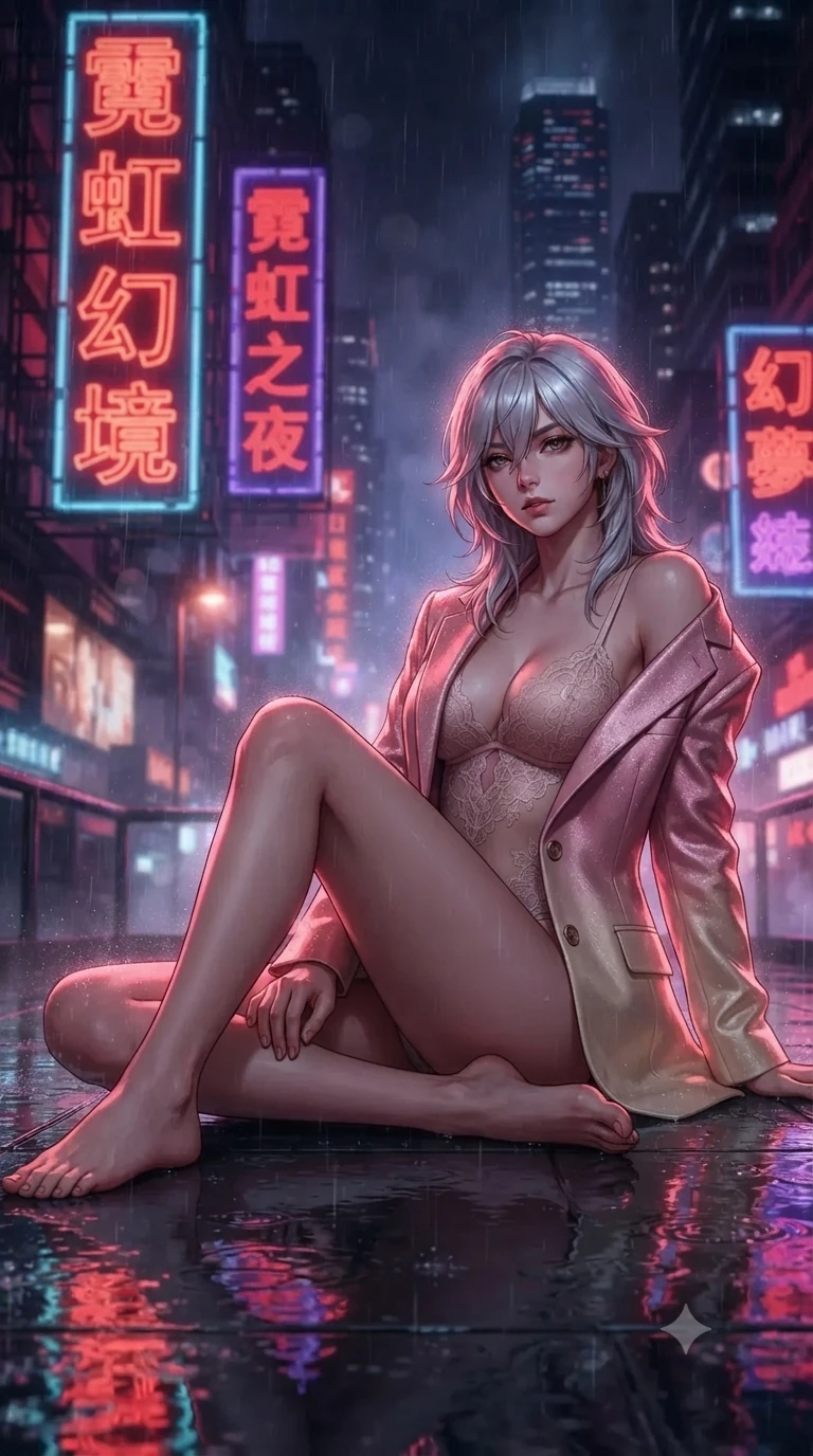 score_9, masterpiece, best quality, ultra-detailed, high-budget anime keyframe, editorial fashion photography, tasteful artistic composition, Japanese woman. low angle full-body shot from head to toe showing her feet, filling the entire 9:16 vertical frame with her statuesque presence, stretching her vertical silhouette. reclining on her side in an elegant Cleopatra pose with one knee drawn up, the dramatic contour of her rounded hips and long slender legs commanding the 9:16 vertical frame while crouching gracefully on the rain-slicked esplanade deck, glancing back with smoldering bedroom-eyes as neon reflections wash over her dress. The background shows a soft-focus colossal vertical neon Chinese character signs, illuminated skyscrapers, and dense flying rain mist blurred into scarlet, violet, and obsidian bokeh. She has an exceptionally tall and slender model-like 8.5-heads proportion, an ultra-slim waist, a flat toned midriff, narrow delicate ribcage, and beautifully sculpted feminine hips creating a graceful, slim hourglass silhouette without any bulky heaviness, with impossibly long slender legs. sharp v-shaped jawline, high-bridge nose, intricate jewel-like sparkling eyes with depth, thick eyelashes, glossy parted lips with a natural sheen, intensely captivating and seductive bedroom-eyes expression, exuding both youthful cute charm and sovereign luxury allure, flawlessly proportioned anatomical accuracy, strict slender model proportions, natural body alignment, perfectly sculpted long slender limbs, ultra-slim waistline, clean dynamic posture without body distortion. wearing a delicate sheer French Chantilly lace teddy layered under an open tailored metallic blazer draped over bare shoulders in sakura blossom pink and warm ivory, made of delicate semi-sheer French Chantilly lace with intricate eyelash edges, featuring an open-back criss-cross harness strap in dark leather, the impeccably tailored cut draping gracefully along her slender figure with aristocratic poise. illuminated by rain puddle bounce and sharp scarlet-violet rim lights sculpting her razor-sharp jawline, narrow waist, and curvy hips. ultra-reflective glossy finish, specular highlights, rich textural contrasts, high-contrast stereoscopic depth, volumetric dynamic lighting, 2k, ultra detail, master piece, 9:16 ratio