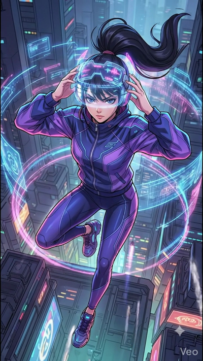 A dynamic 8-second cyberpunk video showing a girl with a high-tech VR visor floating above a neon-lit futuristic city. Circular holographic interfaces and data streams rotate around her as she touches her headset. Her long ponytail sways in the wind.