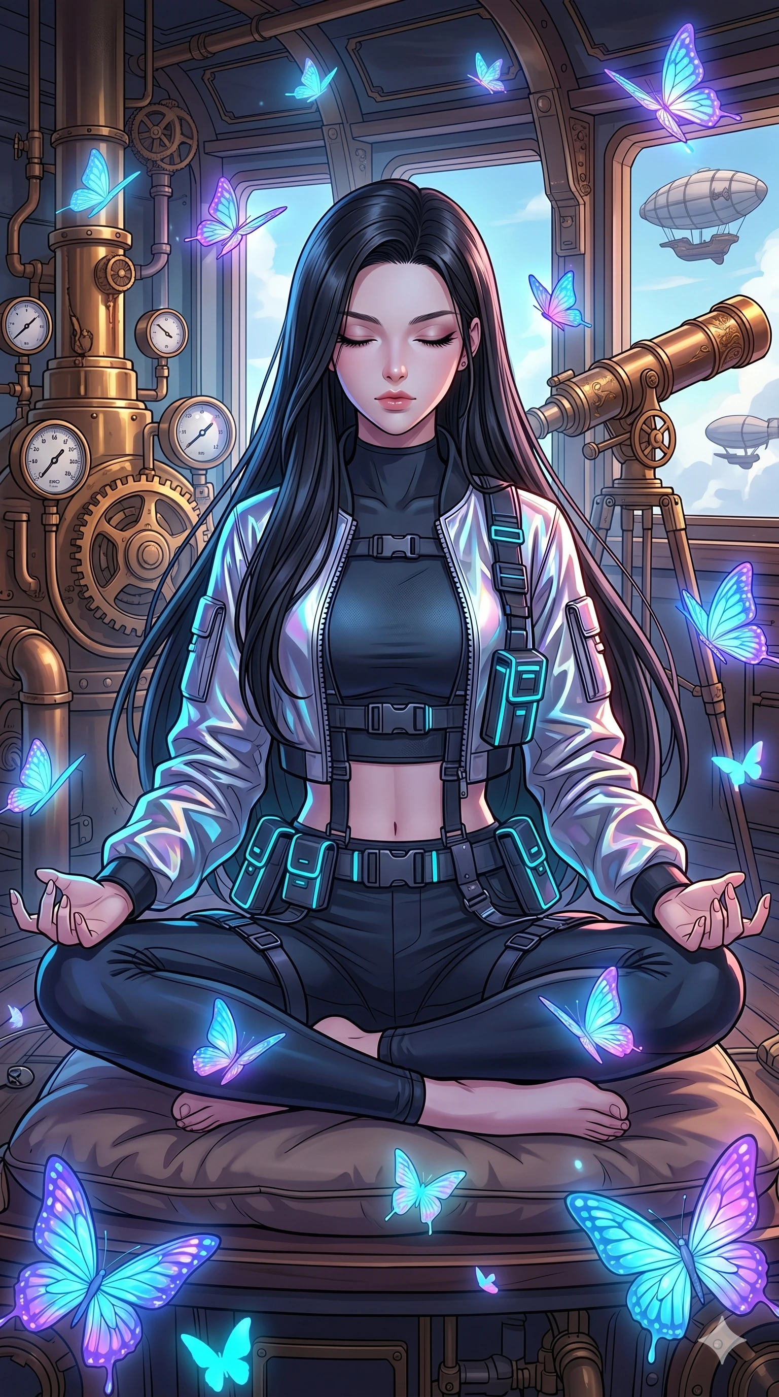 score_9, masterpiece, best quality, ultra-detailed, high-budget anime movie keyframe, cinematic anime lighting, intricate line art, Caucasian (strictly human ears) woman. Medium shot of upper body capturing the intricate details of her high-fashion attire. meditating peacefully in a steampunk airship deck surrounded by glowing butterflies. She has an absolutely perfect 8-heads proportion, an exceptionally tall and slender female figure with an ultra-slim waist and impossibly long slender legs. sharp v-shaped jawline, high-bridge nose, intricate jewel-like eyes, thick eyelashes, glossy lips. Wearing modern urban tech-wear ensemble with a cropped reflective bomber jacket, ultra-slim high-waisted cargo leggings, and tactical harness with neon-lit pouches. The scene is illuminated by dramatic atmospheric lighting and vibrant color palettes. , 2k, ultra detail, master piece, 9:16 ratio