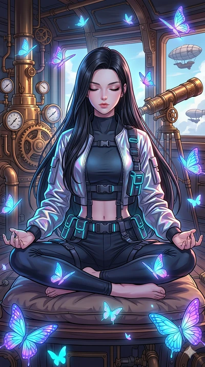 score_9, masterpiece, best quality, ultra-detailed, high-budget anime movie keyframe, cinematic anime lighting, intricate line art, Caucasian (strictly human ears) woman. Medium shot of upper body capturing the intricate details of her high-fashion a