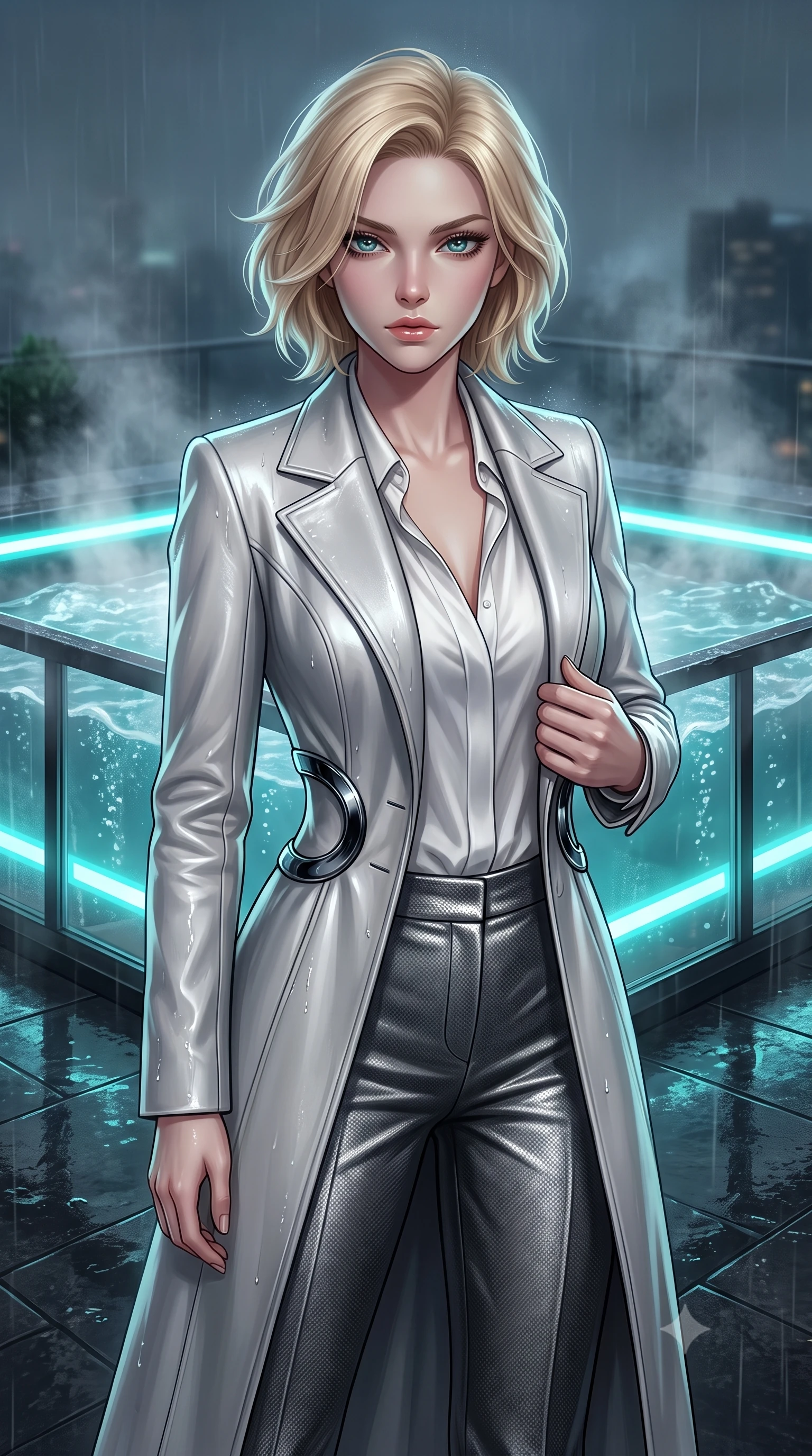 score_9, masterpiece, best quality, ultra-detailed, high-budget anime keyframe, editorial fashion photography, tasteful artistic composition, Caucasian woman. close-up cowboy shot from the waist and thighs up, the character dominates the composition, filling the frame with her large presence, background elements kept in soft focus. Casting a slow, direct gaze beneath heavy lashes with quiet intensity, standing on a rain-slicked penthouse rooftop terrace beside a steaming glass jacuzzi, steaming jacuzzi water bubbles reflecting bright aqua LED rim lights. She has an exceptionally elegant, slender, and willowy female figure with an ultra-slim waist, a gracefully sculpted slender torso, and a refined silhouette. sharp v-shaped jawline, high-bridge nose, intricate jewel-like eyes with depth, thick eyelashes, glossy lips with a natural sheen. wearing structured platinum leather long coat over white silk blouse and tailored slacks in metallic dark silver, made of matte carbon-fiber weave, accented with sculpted obsidian chrome rings at the waist, sculpting her athletic slender build with refined precision. lit by low-key spotlighting contrasting with steam and rain mist. highly saturated vibrant anime colors, detailed shading with soft gradients, rich glossy textures, high-contrast stereoscopic depth, volumetric dynamic lighting, master piece, 9:16 ratio