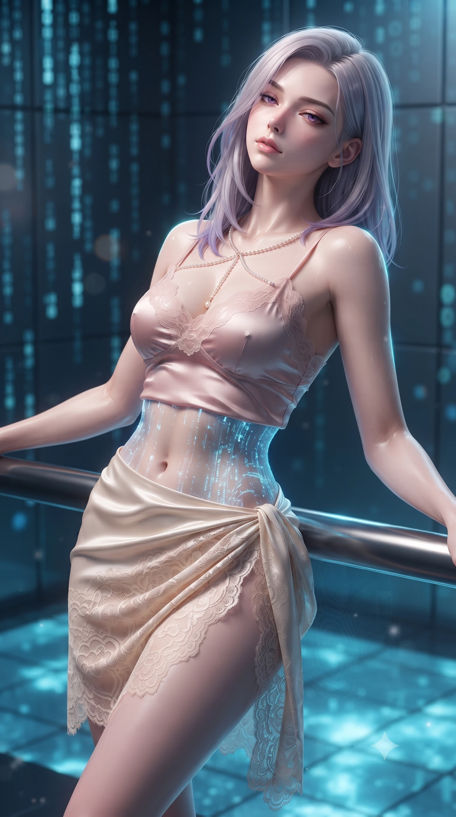 score_9, masterpiece, best quality, ultra-detailed, high-budget anime keyframe, editorial fashion photography, tasteful artistic composition, Caucasian woman. close-up cowboy shot from the waist and thighs up, the character dominates the composition, filling the frame with her large presence. leaning back against the balustrade with relaxed seductive grace, head tilted back slightly while casting a hypnotic, heavy-lidded gaze while twisting her slender torso in an alluring S-curve, cascading blue holographic water data streams tracing her flat midriff, waist, and hips. The background shows a soft-focus cascading digital waterfall code streams, dark titanium wall panels, and glowing aquatic floor tiles blurred into electric blue, cyan, and charcoal bokeh. She has an exceptionally elegant, slender, and willowy female figure with an ultra-slim waist, flat toned midriff, narrow ribcage, and sculpted feminine hips creating an alluring, slim hourglass silhouette without bulk. sharp v-shaped jawline, high-bridge nose, sparkling eyes with hypnotic seductive depth, thick curled eyelashes, glossy parted lips with a natural dewy peach sheen, alluring bedroom-eyes with an enchanting coquettish smile, exuding magnetic siren charisma and sophisticated glamour, flawlessly proportioned anatomical accuracy, strict slender model proportions, natural body alignment, perfectly sculpted long slender limbs, ultra-slim waistline, clean dynamic posture without body distortion. wearing a delicate lace-trimmed silk camisole paired with a draped satin wrap sarong mini skirt with high side slit in dusky blush pink and warm ivory lace, made of delicate semi-sheer French Chantilly lace with intricate eyelash edges, accented with a pearl-drop body harness subtly framing her dewy collarbones and spine, the glove-like clinging cut tightly following the natural contour of her hips and long slender legs with youthful 8.5-heads elegance. illuminated by basin water specular reflections and sharp electric-cyan rim lights defining her delicate clavicles, narrow waist, and curvy hips. ultra-reflective glossy finish, specular highlights, rich textural contrasts, high-contrast stereoscopic depth, volumetric dynamic lighting, 2k, ultra detail, master piece, 9:16 ratio