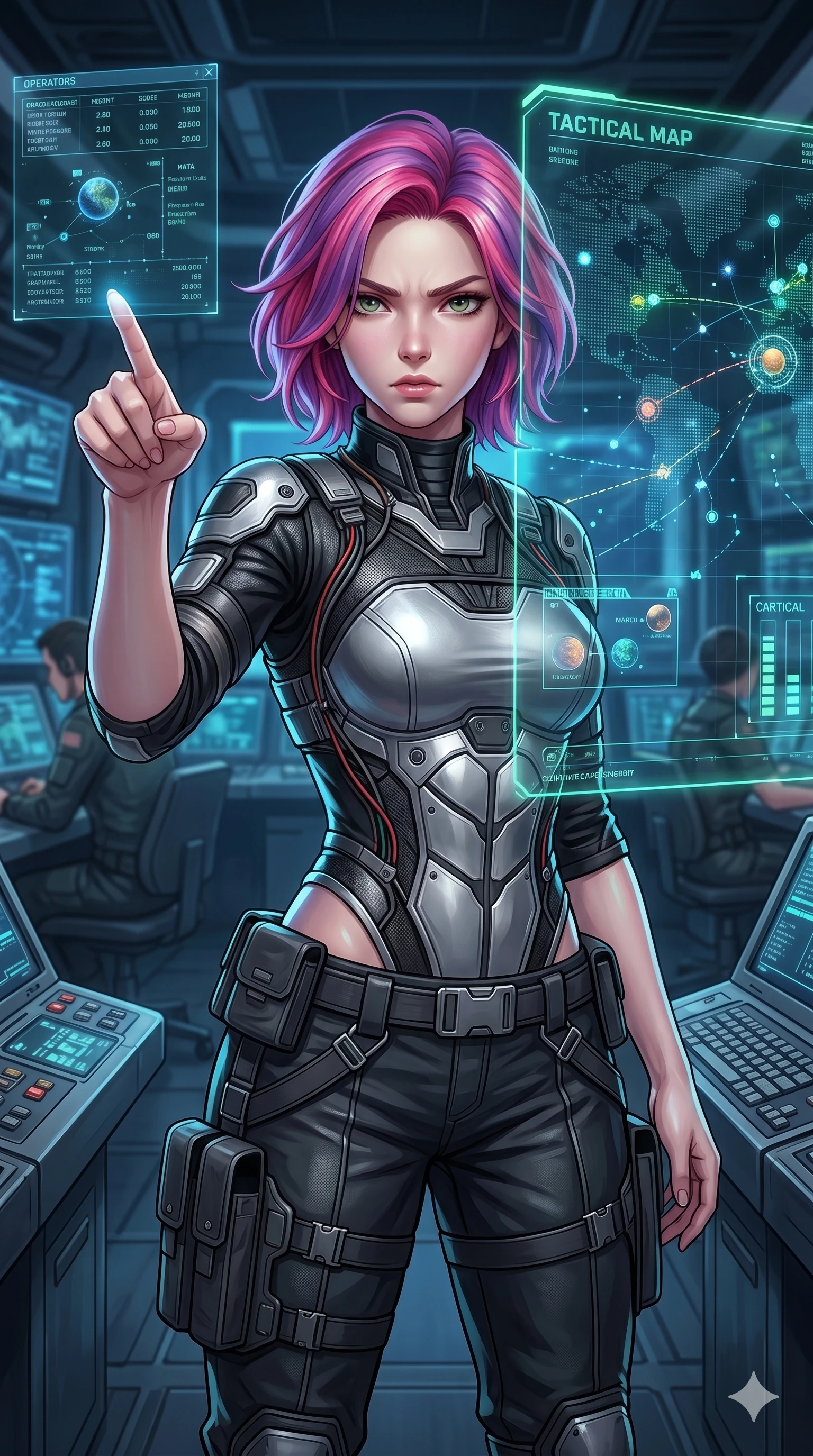 score_9, masterpiece, best quality, ultra-detailed, high-budget anime keyframe, semi-realistic 3D game render, Caucasian woman, strictly human ears. Upper body close-up from the thighs up, character filling the screen for maximum presence. Inside a space station control center, monitoring systems, pointing at a holographic map with a focused, intense expression. She is wearing a tech-wear uniform shirt over a silver bodice and dark trousers. The scene is lit by the blue and green lights of the holographic map. 2k, ultra detail, master piece, 9:16 ratio