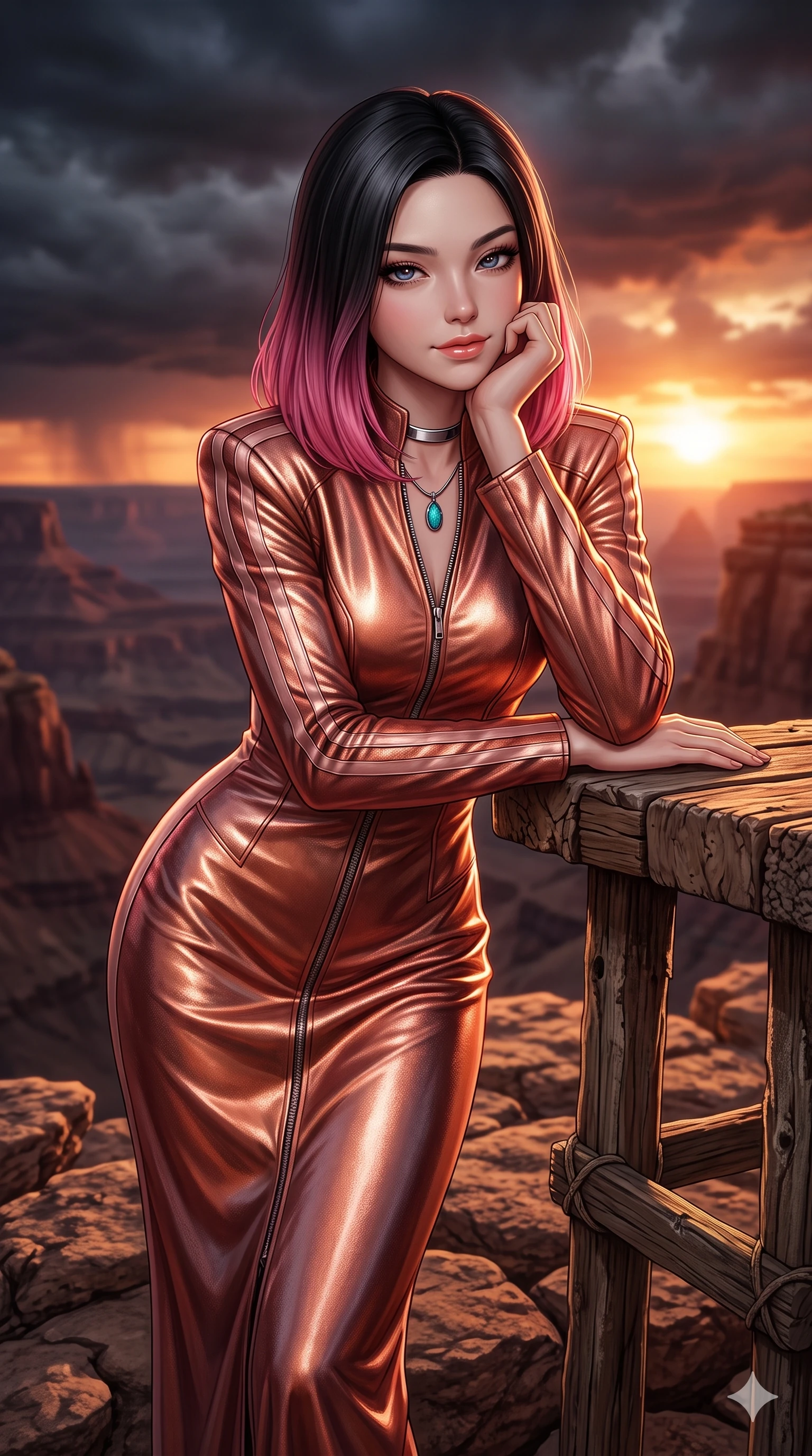 score_9, masterpiece, best quality, ultra-detailed, high-budget anime keyframe, semi-realistic 3D game render, editorial fashion photography, tasteful artistic composition, Korean woman. close-up cowboy shot from the waist and thighs up, the character dominates the composition, filling the frame with her large presence. resting one elbow on the workbench and supporting her chin, leaning close to the camera with heavy-lidded sparkling eyes and parted lips while standing tall on the highest rock promontory, stretching her statuesque body as she arches her lower back to emphasize her sculpted feminine hips against the fiery sunset. The background shows a soft-focus sunset desert storm clouds softened in majestic canyon escarpment shallow focus. She has an exceptionally elegant, slender, and willowy female figure with an ultra-slim waist, flat toned midriff, narrow ribcage, and sculpted feminine hips creating an alluring, slim hourglass silhouette without bulk. sharp v-shaped jawline, high-bridge nose, sparkling eyes with hypnotic seductive depth, thick curled eyelashes, glossy parted lips with a natural dewy peach sheen, alluring bedroom-eyes with an enchanting coquettish smile, exuding magnetic siren charisma and sophisticated glamour, flawlessly proportioned anatomical accuracy, strict slender model proportions, natural body alignment, perfectly sculpted long slender limbs, ultra-slim waistline, clean dynamic posture without body distortion. wearing a sleek high-collar zip-up biker jacket dress with structured shoulders and racing stripe accents in sun-kissed terracotta and dusty canyon rose, crafted from luxurious metallic lamé that shifts radiance with every step, finished with a minimalist chrome choker and a single turquoise stone pendant, the impeccably tailored cut draping gracefully along her slender figure with aristocratic western poise. bathed in the dramatic, rich crimson and molten-gold illumination of the setting sun piercing beneath dark storm clouds. highly saturated vibrant anime colors, detailed shading with soft gradients, rich glossy textures, high-contrast stereoscopic depth, volumetric dynamic lighting, master piece, 9:16 ratio