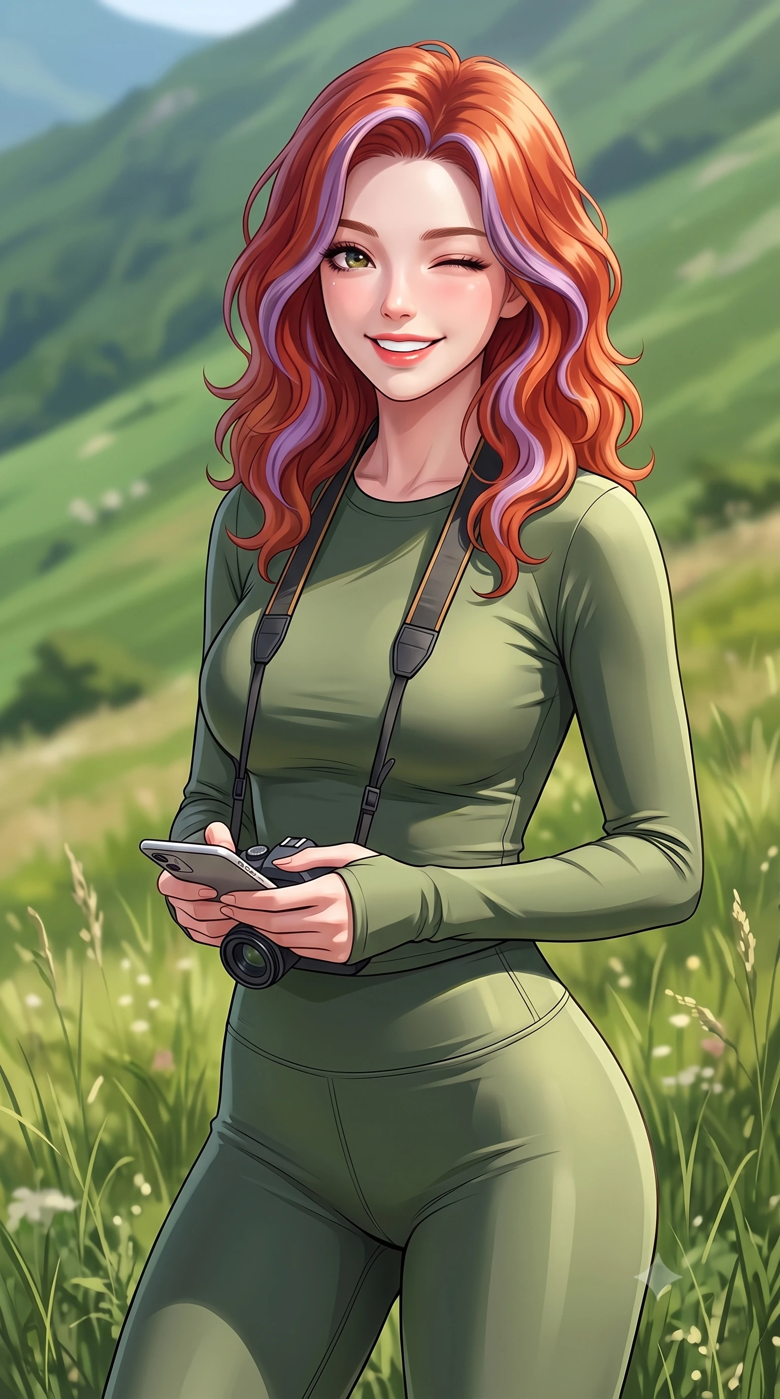score_9, masterpiece, best quality, ultra-detailed, high-budget anime keyframe, editorial fashion photography, tasteful artistic composition, Caucasian woman. close-up cowboy shot from the waist and thighs up, the character dominates the composition, filling the frame with her large presence, background elements kept in soft focus. smiling brightly with a cheerful expression, winking playfully at the viewer set against a soft-focus background of on a green slope of a highland mountain covered in wild mountain grass with a camera strap around her neck and a smartphone in her hand. She has an exceptionally elegant, slender, and willowy female figure with an ultra-slim waist, a gracefully sculpted slender torso, and a refined silhouette. sharp v-shaped jawline, high-bridge nose, intricate jewel-like eyes with depth, thick eyelashes, glossy lips with a natural sheen. wearing form-contouring tight-fitting athletic long-sleeve top in olive green, paired with form-contouring leggings. crisp midday sunlight creating clean, sharp contours on her active outfit. highly saturated vibrant anime colors, detailed shading with soft gradients, rich glossy textures, high-contrast stereoscopic depth, volumetric dynamic lighting, master piece, 9:16 ratio
