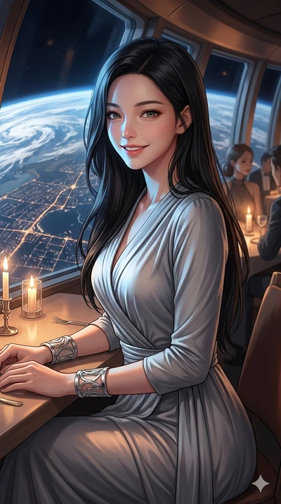 score_9, masterpiece, best quality, ultra-detailed, high-budget anime keyframe, Korean woman. Upper body close-up from the thighs up, character filling the screen for maximum presence. Inside an orbital restaurant, looking down at a city on earth, si