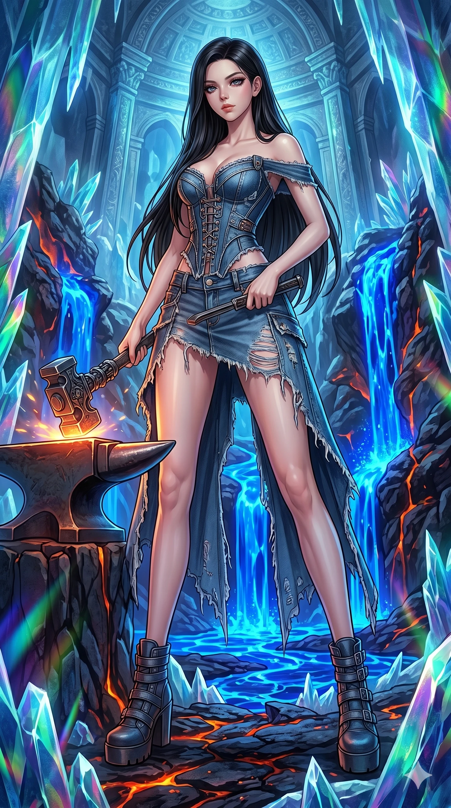 score_9, masterpiece, best quality, ultra-detailed, high-budget anime keyframe, Caucasian woman, strictly human ears. low angle full-body shot filling the entire 9:16 frame with her statuesque presence, stretching the vertical silhouette. forging in a prismatic ice-volcano temple where glowing cobalt-blue liquid magma flows between frozen blue ash crystals. She has an absolutely perfect 8-heads proportion, an exceptionally tall and slender female figure with impossibly long slender legs and an ultra-slim waist. V-shaped jawline, high-bridge nose, intricate jewel-like eyes with depth, thick eyelashes, glossy lips with a natural sheen.. wearing a deconstructed denim corset and an asymmetric ripped denim micro-skirt, showcasing a rugged yet chic off-shoulder style. accented by dynamic color-blocked lighting with high-contrast shadows emphasizing her statuesque height. 2k, ultra detail, master piece, 9:16 ratio