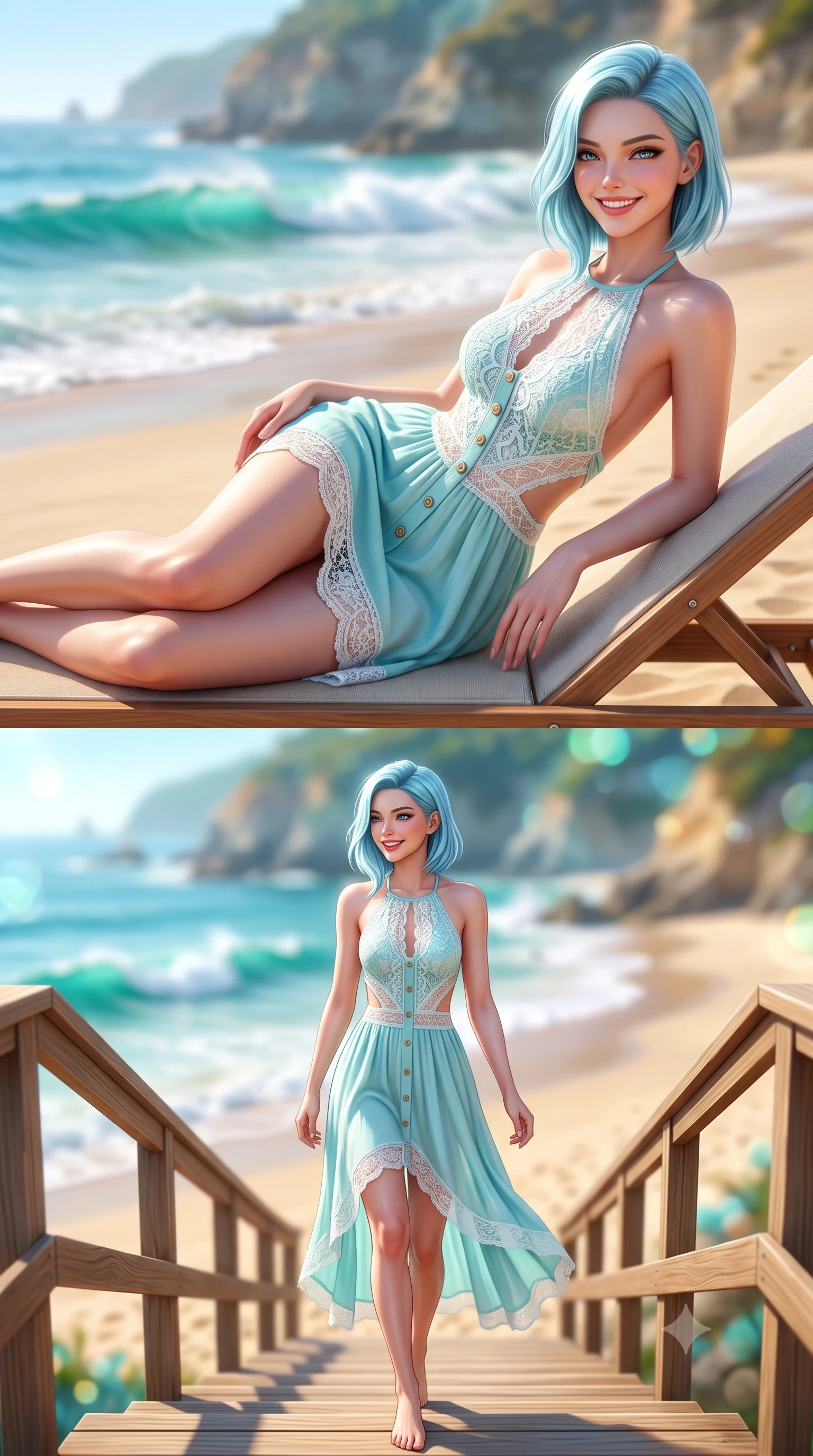 score_9, masterpiece, best quality, ultra-detailed, high-budget anime keyframe, semi-realistic 3D game render, editorial fashion photography, tasteful artistic composition, Korean woman. low angle full-body shot from head to toe showing her feet, filling the entire 9:16 vertical frame with her statuesque presence, stretching her vertical silhouette. reclining languidly on her side across the sunbed with one knee drawn up, her radiant smile and arched hip curve commanding the 9:16 vertical frame with youthful sensual charisma while walking gracefully down the private beach boardwalk steps with a beaming smile, her breezy resort wear hugging her narrow waist and hips. The composition keeps background elements in soft focus with dreamy creamy bokeh. crashing Pacific turquoise waves, golden sand beaches, and coastal sea cliffs blurred into radiant aquamarine, gold, and seafoam bokeh. She has an exceptionally tall and slender model-like 8.5-heads proportion, an ultra-slim waist, a flat toned midriff, narrow delicate ribcage, and beautifully sculpted feminine hips creating a graceful, slim hourglass silhouette without any bulky heaviness, with impossibly long slender legs. sharp v-shaped jawline, high-bridge nose, intricate jewel-like sparkling eyes with depth, thick eyelashes, glossy parted lips with a natural peach sheen, bright cheerful beaming smile with an enchanting and coquettish sensual glint, exuding both youthful cute charm and seductive allure, flawlessly proportioned anatomical accuracy, strict slender model proportions, natural body alignment, perfectly sculpted long slender limbs, ultra-slim waistline, clean dynamic posture without body distortion. wearing a backless pastel halter sundress with side-waist diamond cutouts and an ultra-fitted hip-hugging silhouette in ocean turquoise and sea-salt white, made of sheer contouring stretch lace with delicate floral patterns, finished with neat front wooden buttons and delicate pocket details, the high-waisted tailoring accentuating her ultra-slim waistline and the enchanting curve of her feminine hips with alluring charm. illuminated by intense specular sea foam reflections sharply sculpting her razor-sharp jawline, narrow waist, and curvy hips. highly saturated vibrant anime colors, detailed shading with soft gradients, rich glossy textures, high-contrast stereoscopic depth, volumetric dynamic lighting, master piece, 9:16 ratio