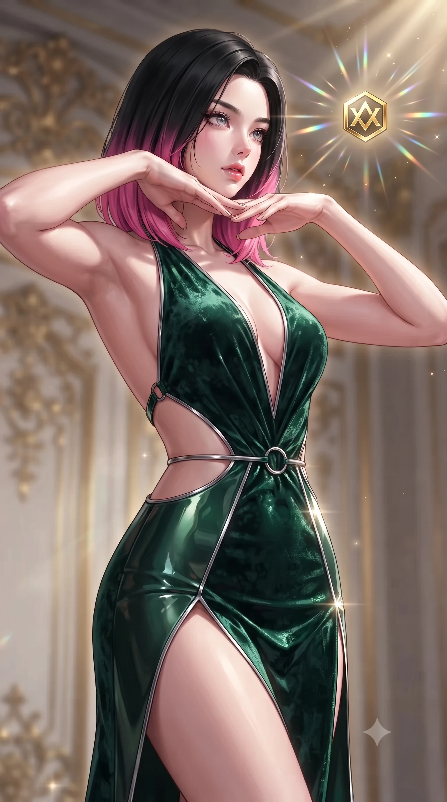 score_9, masterpiece, best quality, ultra-detailed, high-budget anime keyframe, editorial fashion photography, tasteful artistic composition, Korean woman. close-up cowboy shot from the waist and thighs up, the character dominates the composition, filling the frame with her large presence, background elements kept in soft focus. Resting her chin on the backs of her fingers, casting a sharp, mysterious gaze touching a floating golden icon surrounded by kaleidoscope light rays, golden filigree details on the architecture shining with brilliant luster. She has an exceptionally elegant, slender, and willowy female figure with an ultra-slim waist, a gracefully sculpted slender torso, and a refined silhouette. sharp v-shaped jawline, high-bridge nose, intricate jewel-like eyes with depth, thick eyelashes, glossy lips with a natural sheen. wearing a backless crushed velvet gown with a deep V-neckline and high thigh slit in deep emerald green and silver accent, tailored from high-gloss patent leather, accented with delicate chrome ring hardware framing her waist, the tailored fabric tightly following every curve of her athletic build. surrounded by a glowing divine aura of sunbeams and incense radiance. ultra-reflective glossy finish, specular highlights, metallic sheen, high-contrast stereoscopic depth, volumetric dynamic lighting, 2k, ultra detail, master piece, 9:16 ratio