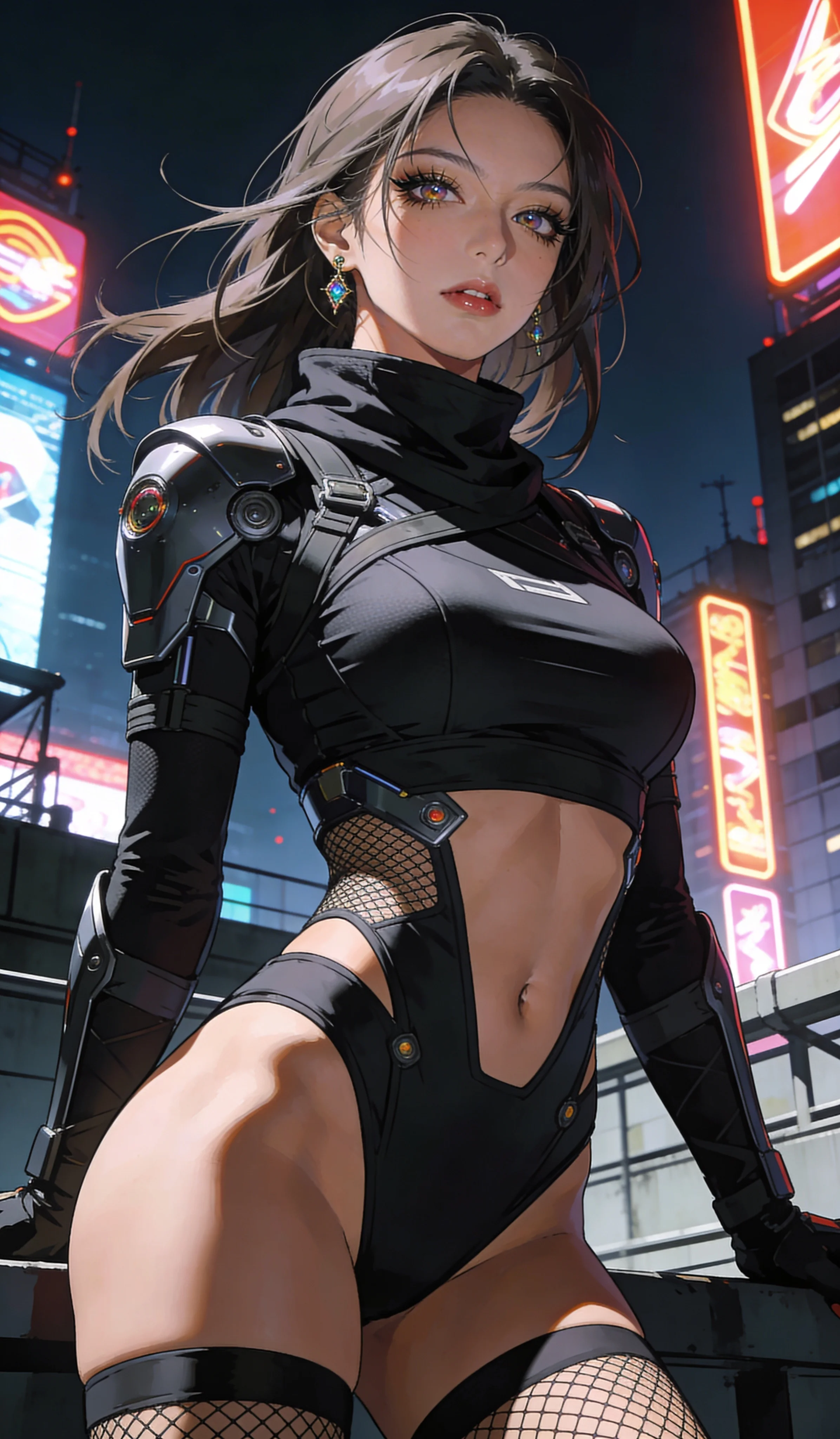 Create a high-quality professional image of: score_9, masterpiece, best quality, ultra-detailed, semi-realistic high-budget anime keyframe, an incredibly beautiful Japanese woman. Low angle cowboy shot filling the frame. She has an absolutely perfect 8-heads proportion, an exceptionally tall female figure with a slim-fit toned body. Her face is a highly detailed masterpiece featuring a v-shaped jawline, high-bridge nose, intricate jewel-like eyes, thick eyelashes, and glossy lips. She has ash brown flowing hair. She is wearing a tight-fitting cybernetic ninja outfit, midriff exposed, sensual fishnet stockings, highlighting her alluring silhouette. Futuristic rooftop, glowing neon billboards, dramatic rim lighting, cinematic shadows, 2k, ultra detail, master piece, 9:16 ratio. Use your image generation tool.