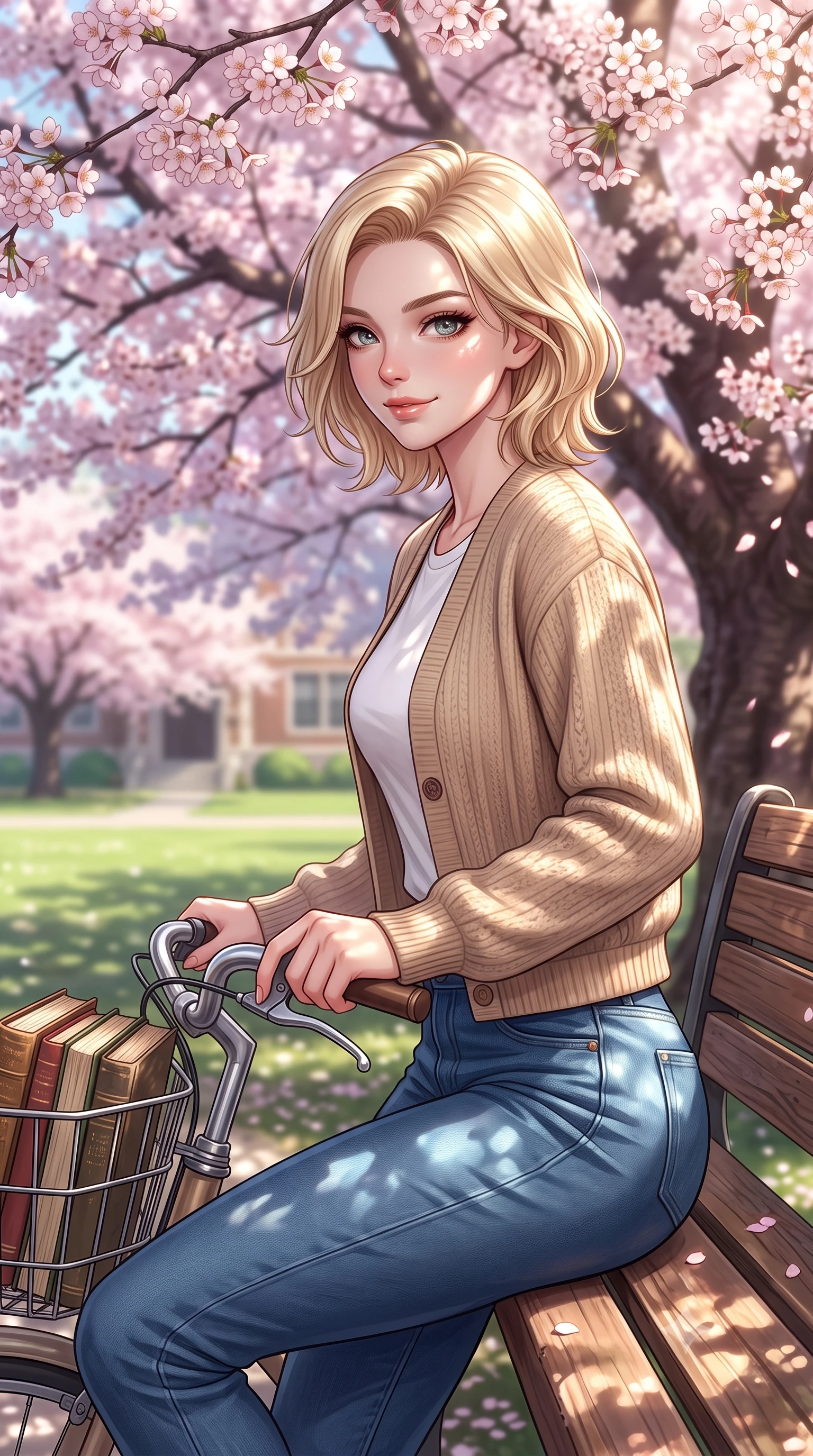 score_9, masterpiece, best quality, ultra-detailed, high-budget anime keyframe, editorial fashion photography, tasteful artistic composition, Caucasian woman. close-up cowboy shot from the waist and thighs up, the character dominates the composition, filling the frame with her large presence, background elements kept in soft focus. smiling with a playful and cute half-smile, glancing sidelong over her shoulder set against a soft-focus background of sitting on a wooden bench under a large, blooming cherry blossom tree on a college campus lawn resting her hand on a bicycle handle with a basket full of books. She has an exceptionally elegant, slender, and willowy female figure with an ultra-slim waist, a gracefully sculpted slender torso, and a refined silhouette. sharp v-shaped jawline, high-bridge nose, intricate jewel-like eyes with depth, thick eyelashes, glossy lips with a natural sheen. wearing tailored cozy knit cardigan in beige, layered over a casual white tee and tailored blue denim pants. dappled sunlight creating beautiful light patterns on her skin and the ground. highly saturated vibrant anime colors, detailed shading with soft gradients, rich glossy textures, high-contrast stereoscopic depth, volumetric dynamic lighting, master piece, 9:16 ratio