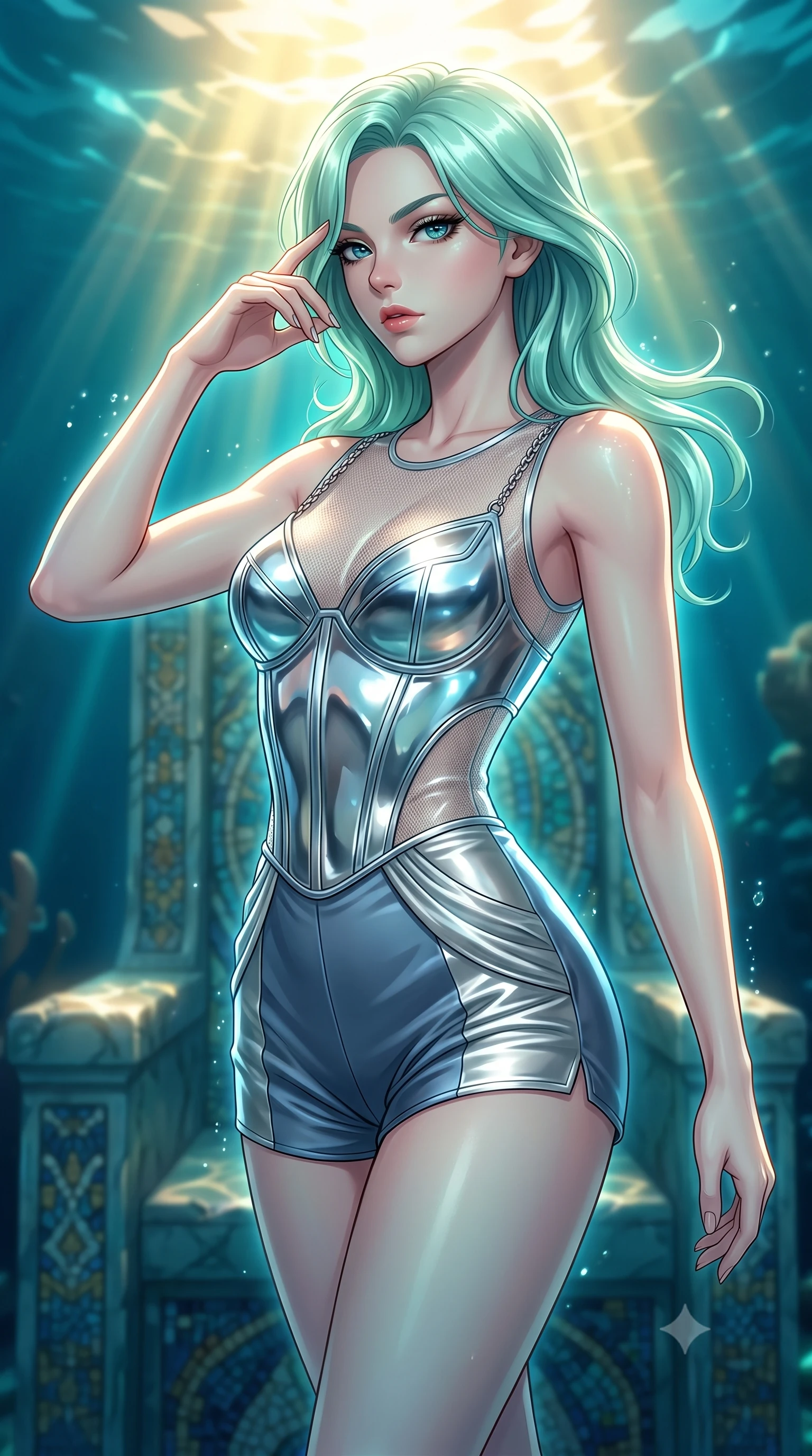 score_9, masterpiece, best quality, ultra-detailed, high-budget anime keyframe, editorial fashion photography, tasteful artistic composition, Japanese woman. close-up cowboy shot from the waist and thighs up, the character dominates the composition, filling the frame with her large presence, background elements kept in soft focus. Resting her fingers gracefully near her temple, casting a sharp mysterious side-gaze during her stride while pivoting her torso in a fluid S-curve alignment over a submerged mosaic marble throne, intense golden underwater sunbeams Penetrating deep turquoise water in caustic ripples. She has an exceptionally elegant, slender, and willowy female figure with an ultra-slim waist, a gracefully sculpted slender torso, and a refined silhouette. sharp v-shaped jawline, high-bridge nose, intricate jewel-like eyes with depth, thick eyelashes, glossy lips with a natural sheen, flawlessly proportioned anatomical accuracy, natural body alignment, perfectly sculpted elegant limbs, clean dynamic posture without body distortion. wearing a chrome-plated structured bodice worn over a sheer mesh top and micro-shorts in slate blue and metallic silver, crafted from lustrous satin jersey with fluid draping, adorned with delicate metallic chain straps along the neckline, the form-contouring material highlighting her ultra-slim waist and long lines. surrounded by a shimmering ocean aura with bright pearl-white specular rim lights. highly saturated vibrant anime colors, detailed shading with soft gradients, rich glossy textures, high-contrast stereoscopic depth, volumetric dynamic lighting, master piece, 9:16 ratio