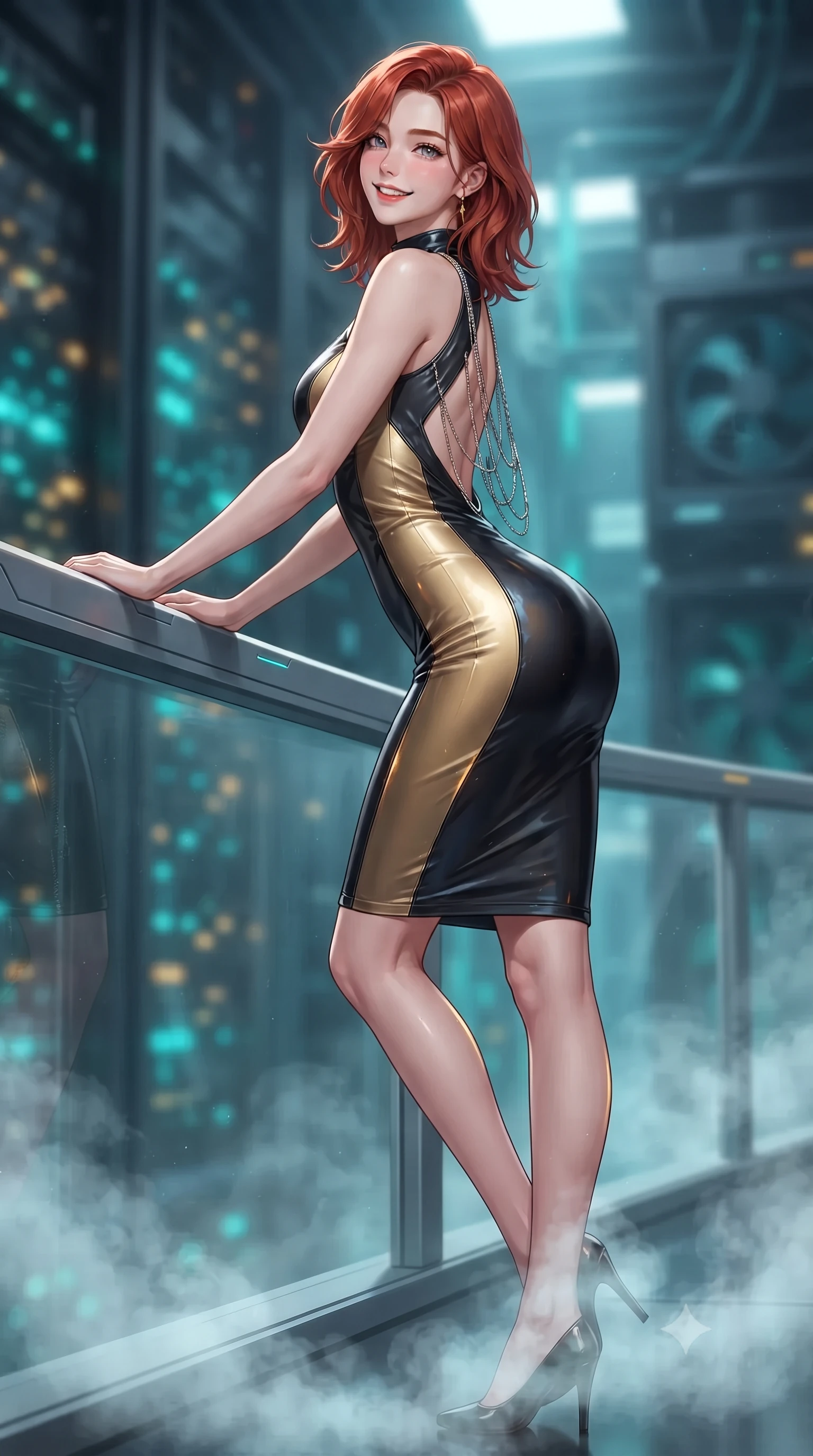 score_9, masterpiece, best quality, ultra-detailed, high-budget anime keyframe, editorial fashion photography, tasteful artistic composition, Korean woman. low angle full-body shot from head to toe showing her feet, filling the entire 9:16 vertical frame with her statuesque presence, stretching her vertical silhouette. leaning deep against the balcony balustrade with hips cocked back in an unapologetically alluring high-fashion stance, casting an intoxicating glance while twisting her slender torso in an alluring S-curve as cool nitrogen coolant vapors swirl around her ankles, golden data pulses highlighting her curves and flat midriff. The background shows a soft-focus infinite vertical server racks pulsing with turquoise and gold fiber optics, swirling cryogenic mist, and distant cooling turbines blurred into sapphire, emerald, and topaz bokeh. She has an exceptionally tall and slender model-like 8.5-heads proportion, an ultra-slim waist, a flat toned midriff, narrow delicate ribcage, and beautifully sculpted feminine hips creating a graceful, slim hourglass silhouette without any bulky heaviness, with impossibly long slender legs. sharp v-shaped jawline, high-bridge nose, intricate jewel-like sparkling eyes with depth, thick eyelashes, glossy parted lips with a natural peach sheen, bright cheerful beaming smile with an enchanting and coquettish sensual glint, exuding both youthful cute charm and seductive allure, flawlessly proportioned anatomical accuracy, strict slender model proportions, natural body alignment, perfectly sculpted long slender limbs, ultra-slim waistline, clean dynamic posture without body distortion. wearing a dense bandage knit cyber-cocktail dress with mock neck hugging her delicate ribcage and hips like a second skin in singularity accretion gold and deep space void black, crafted from fluid liquid silk satin that clings smoothly to her narrow waist and rounded hips with a dewy sheen, accented with an open-back drape framed by falling strands of delicate chrome chains, the bespoke structured tailoring following the natural line of her 8.5-heads silhouette with refined elegance. bathed in cold 6500K quantum laser arrays contrasted with warm amber status indicators. ultra-reflective glossy finish, specular highlights, rich textural contrasts, high-contrast stereoscopic depth, volumetric dynamic lighting, 2k, ultra detail, master piece, 9:16 ratio